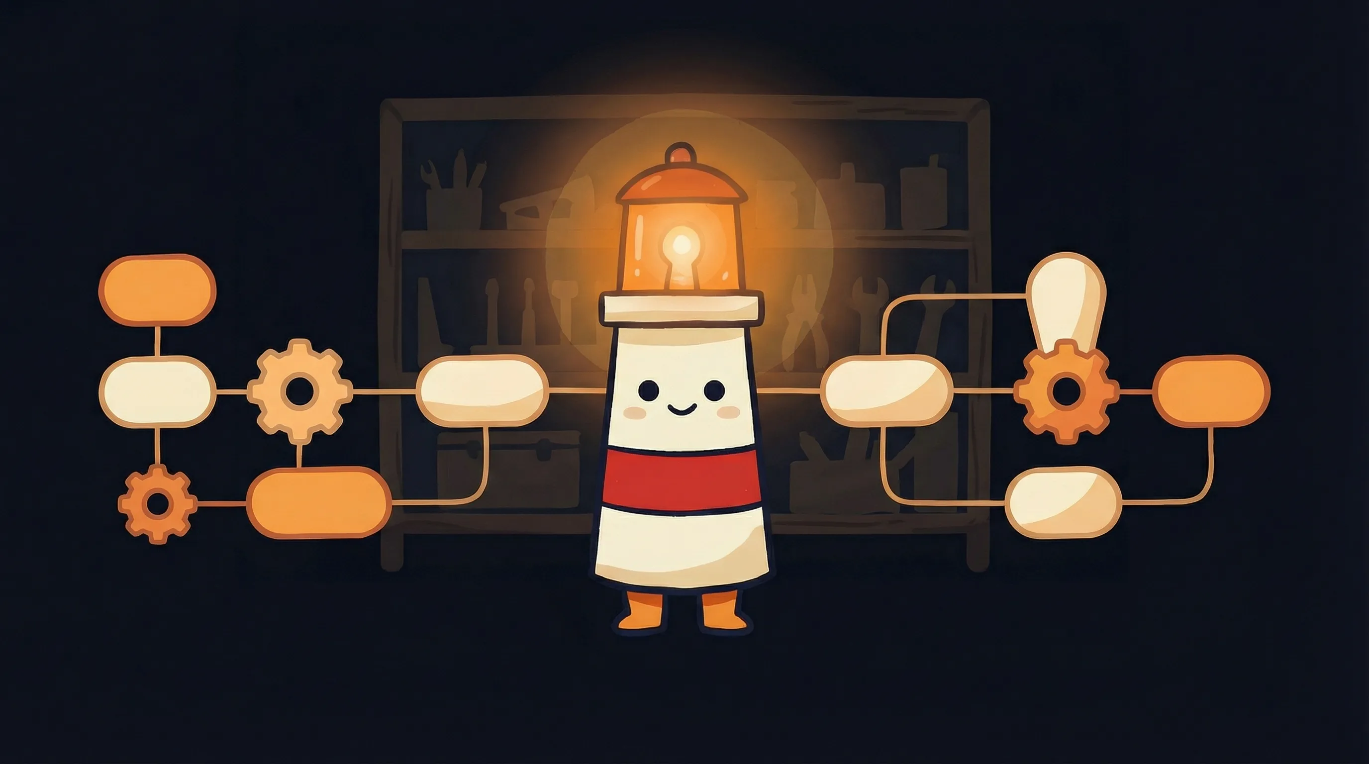 Beacon the lighthouse character shining light on a network of connected app icons, illustrating n8n ai agent workflows.