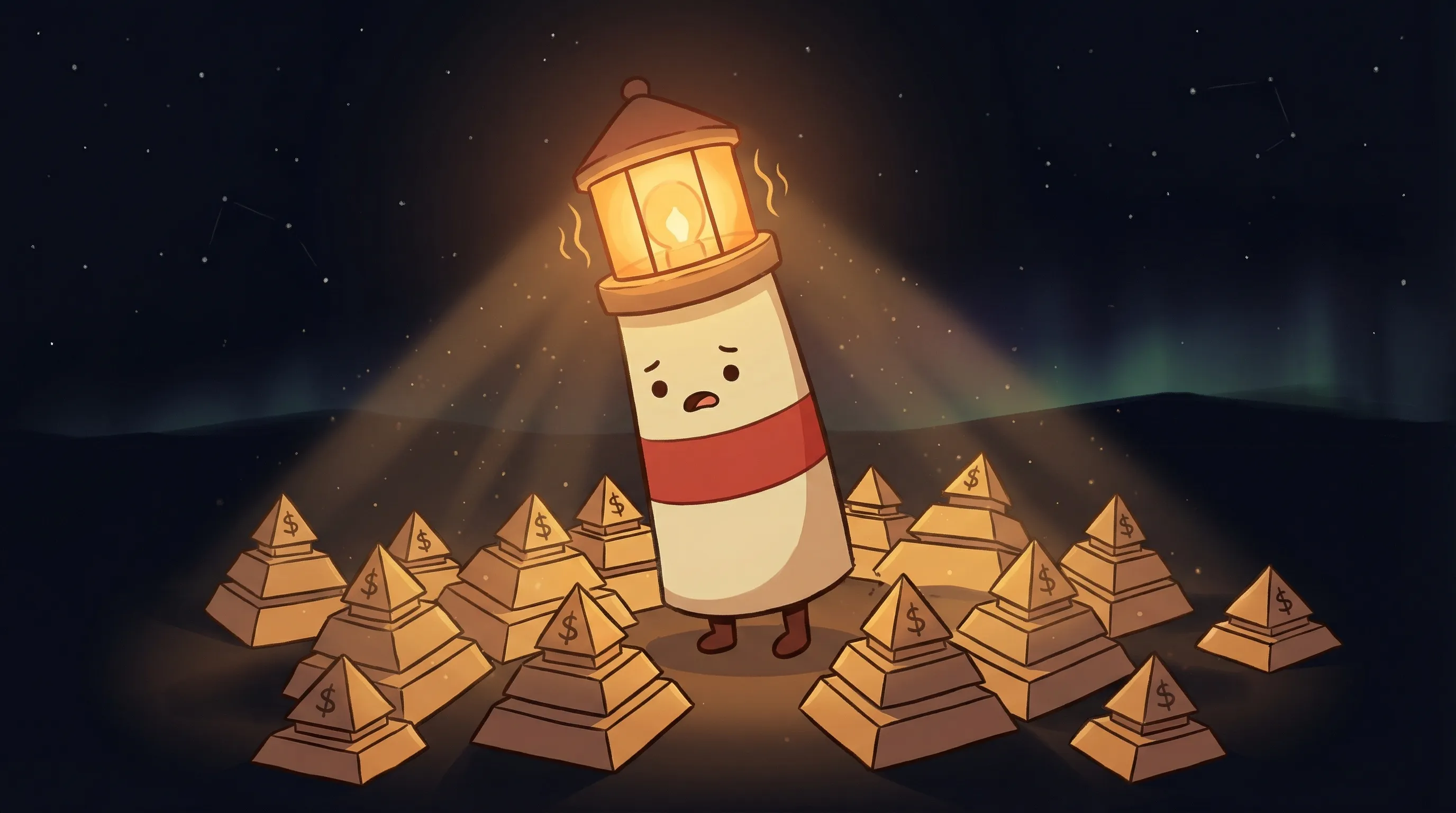 Beacon the lighthouse character shining light on a tiered stack of coins, illustrating AI agent API cost savings.