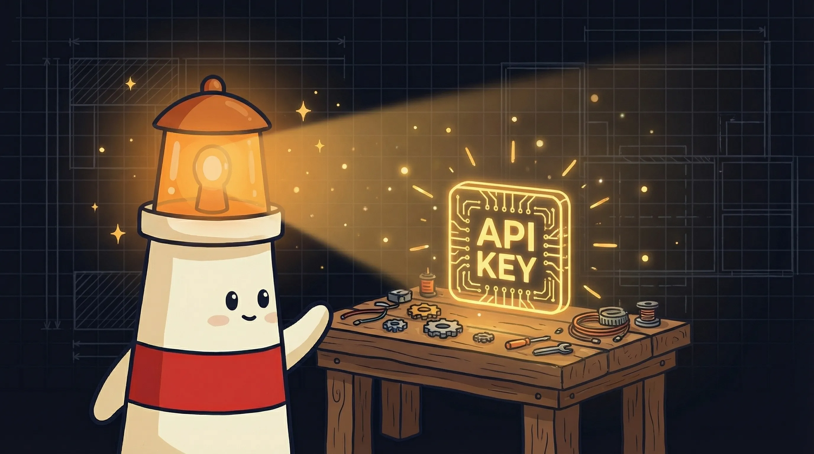 Beacon the lighthouse illuminating a glowing API key, cream body with red stripe, amber light beaming down on a digital ke...