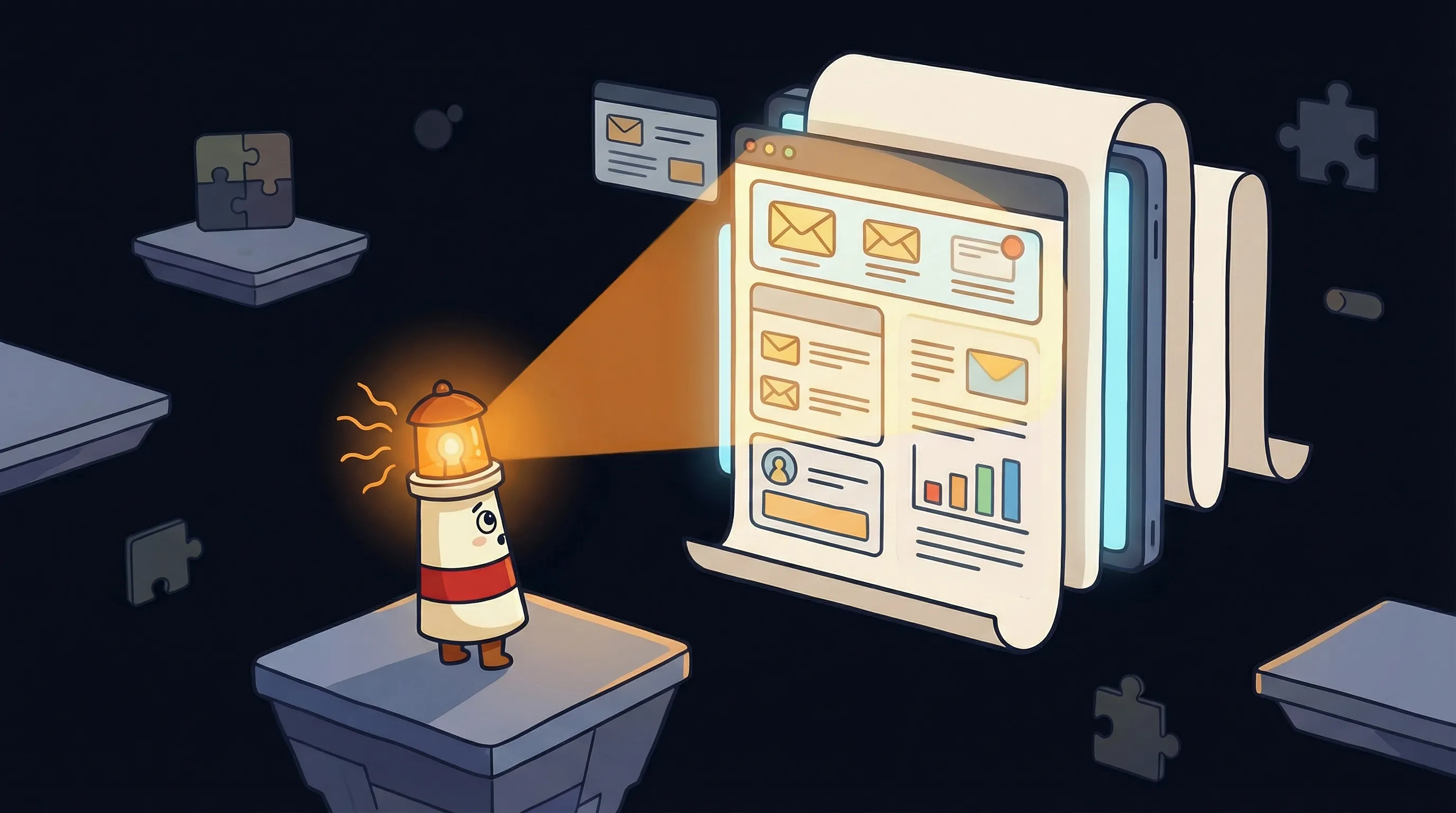 Beacon the lighthouse character shining light on a glowing email digest summary scroll on a dark navy background.
