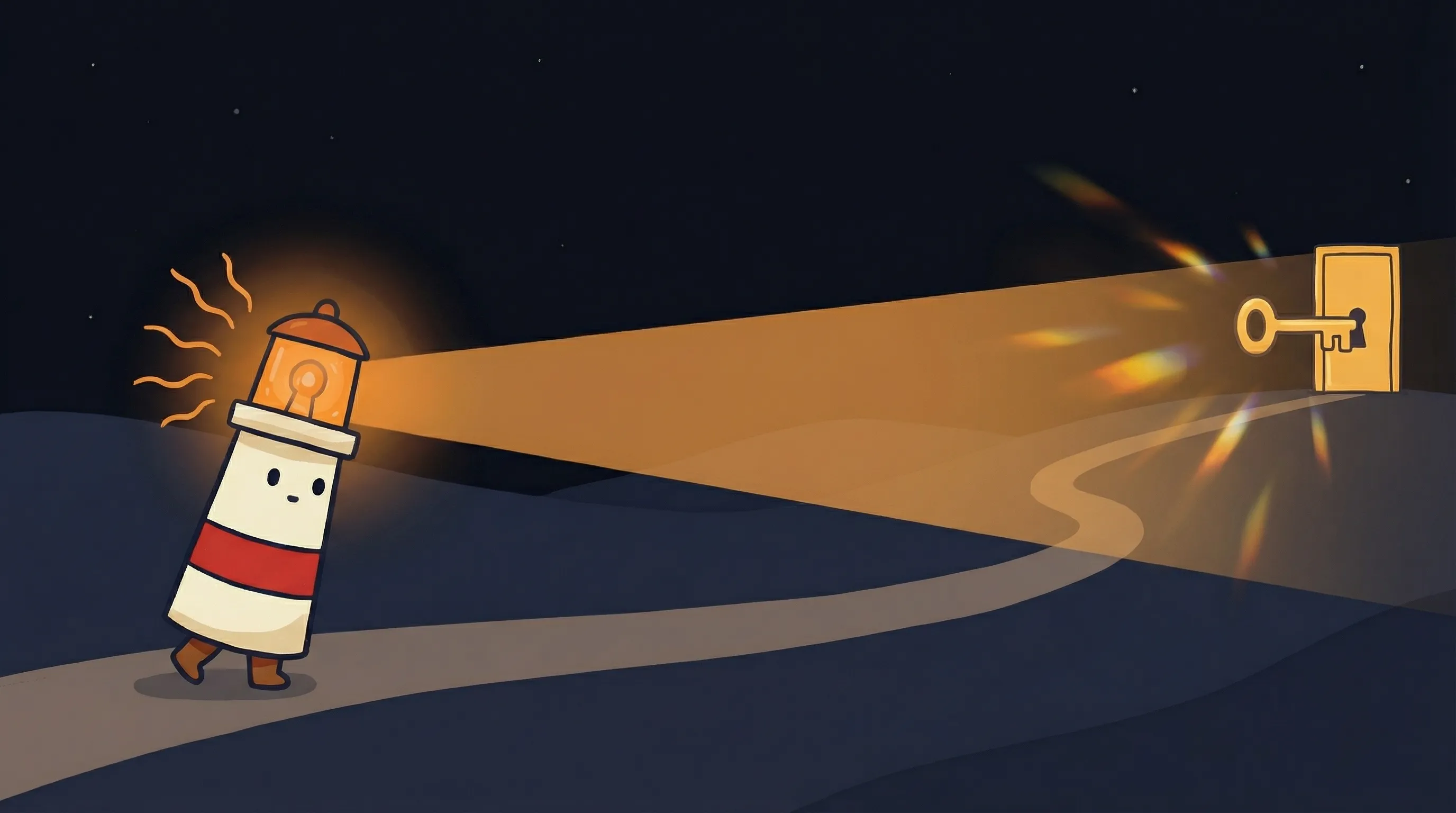 Beacon the lighthouse illuminating a glowing API key, cream body with red stripe, amber light shining down on a digital ke...