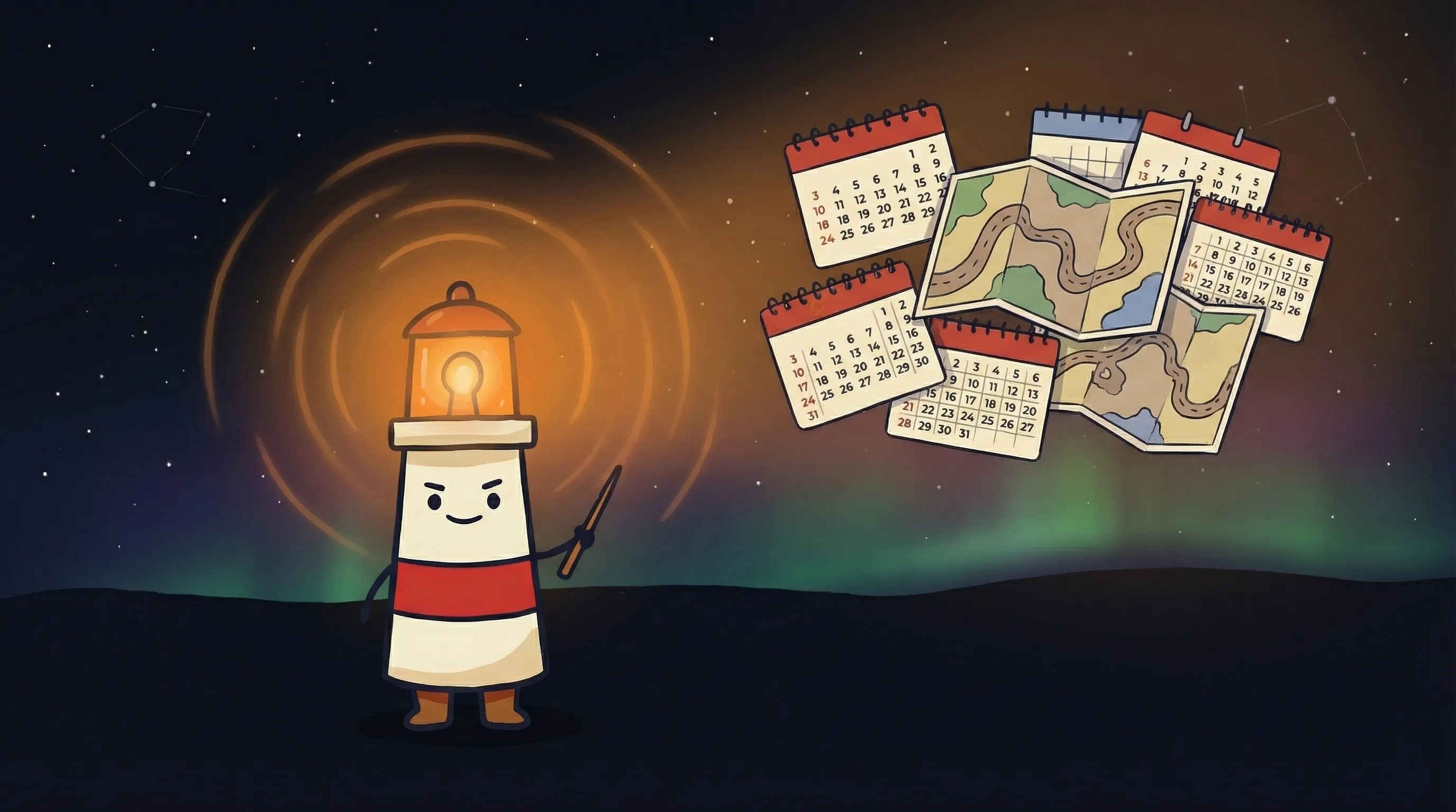 Beacon the lighthouse character shining a warm amber glow onto a 30-day calendar on a dark navy background.