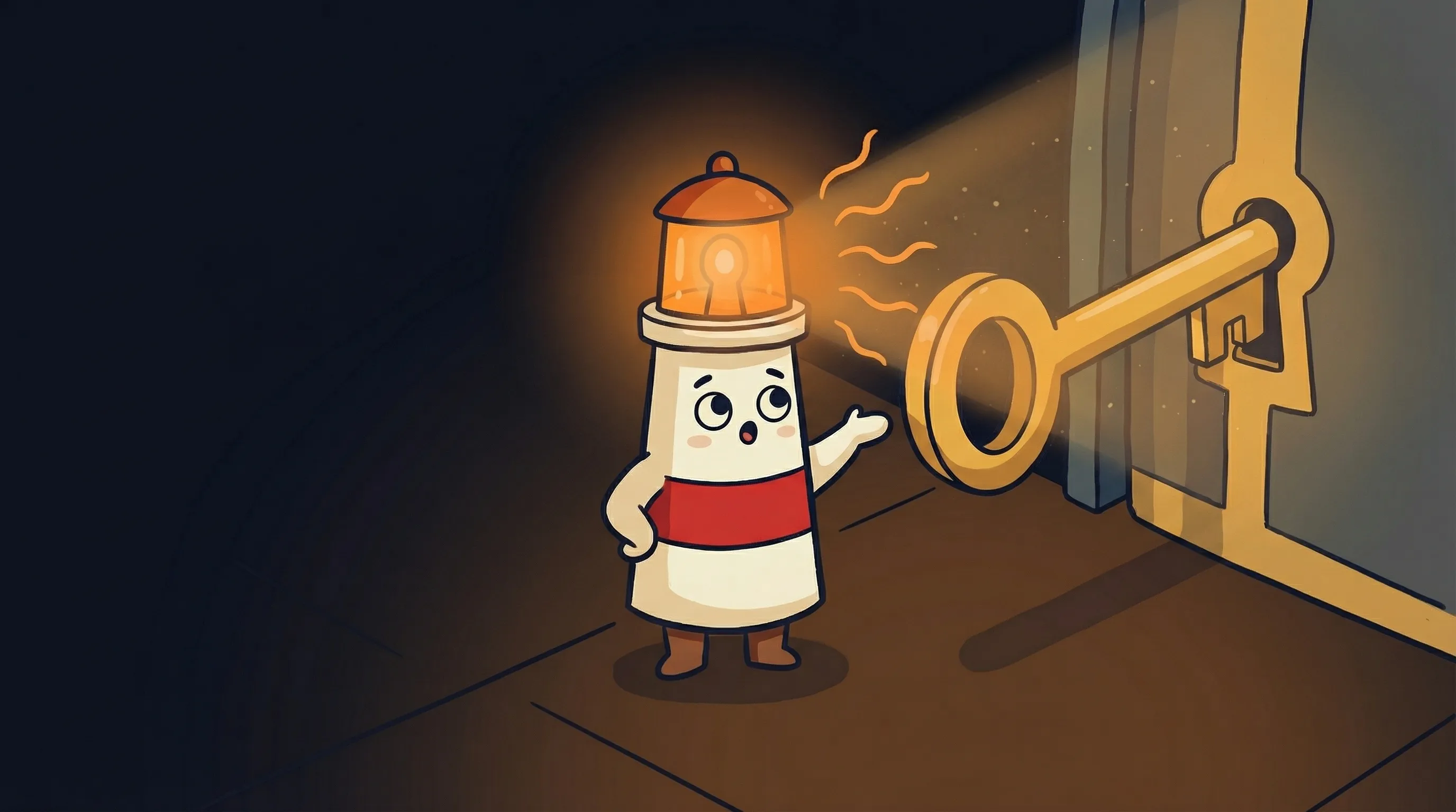 Beacon the lighthouse character shining a warm amber glow onto a glowing API key on a dark navy background.