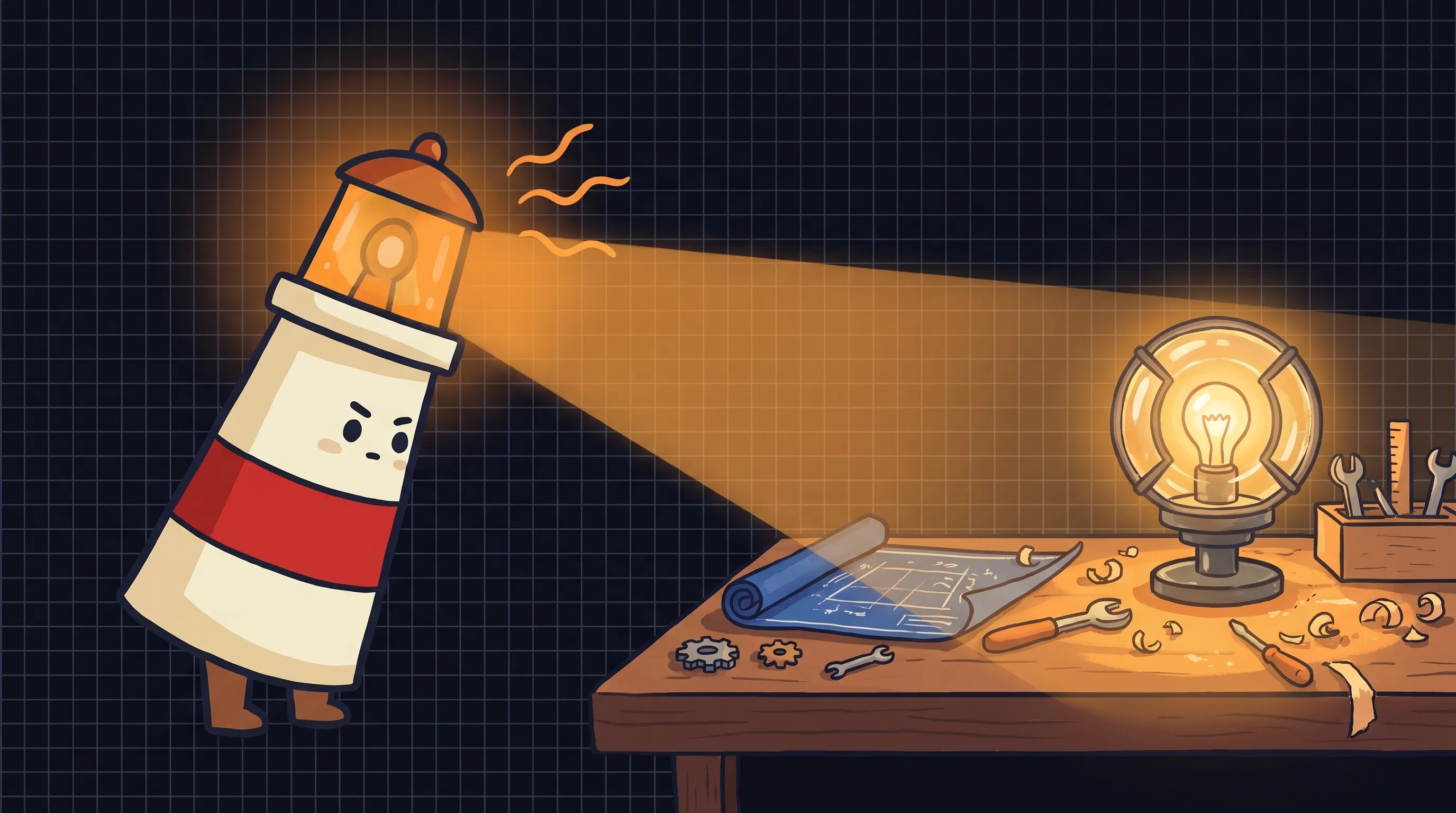 Beacon the lighthouse character shining light on a glowing AI assistant interface on dark navy background.