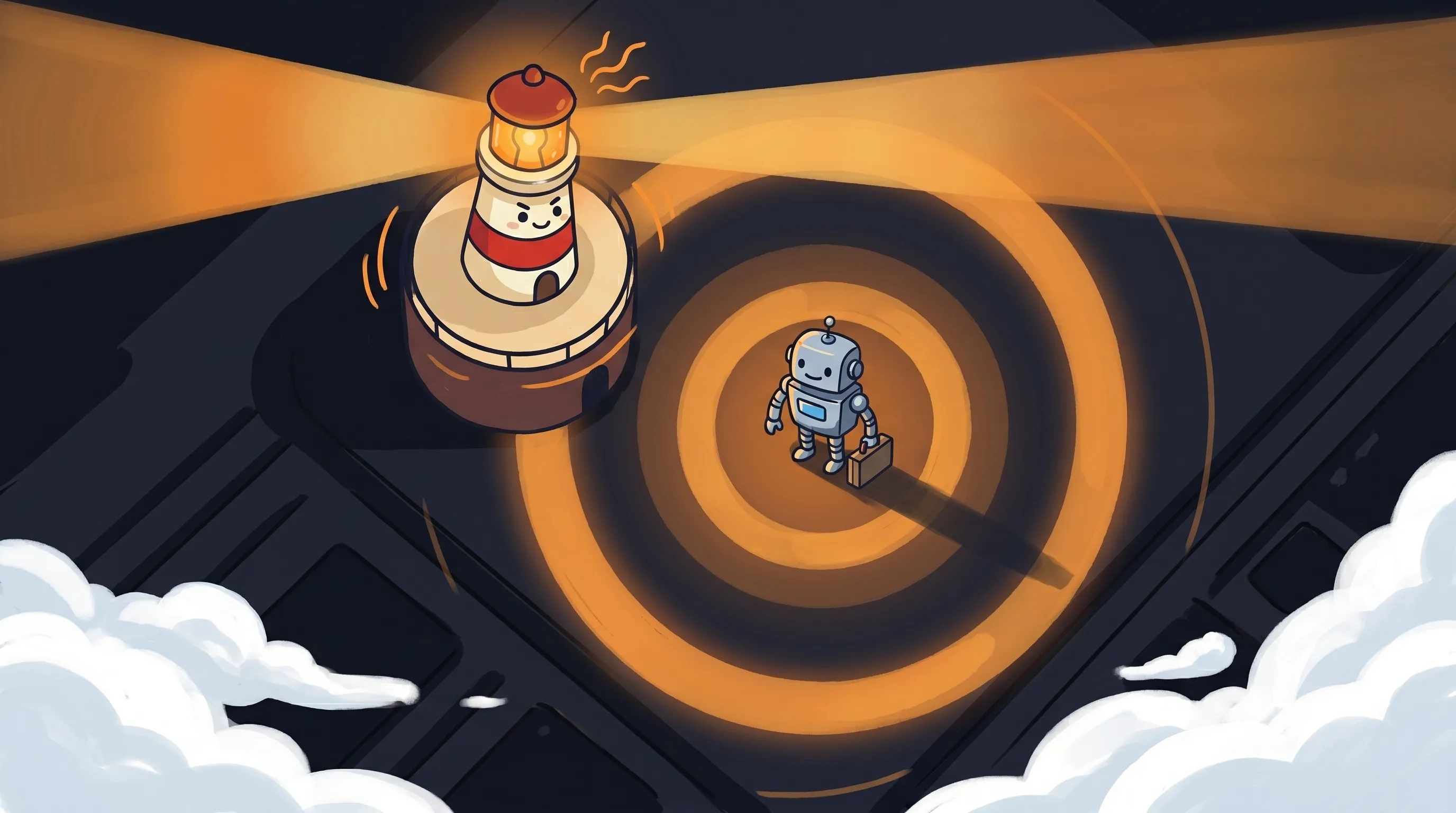 Beacon the lighthouse character shining amber light onto a glowing chat interface on a dark navy background.