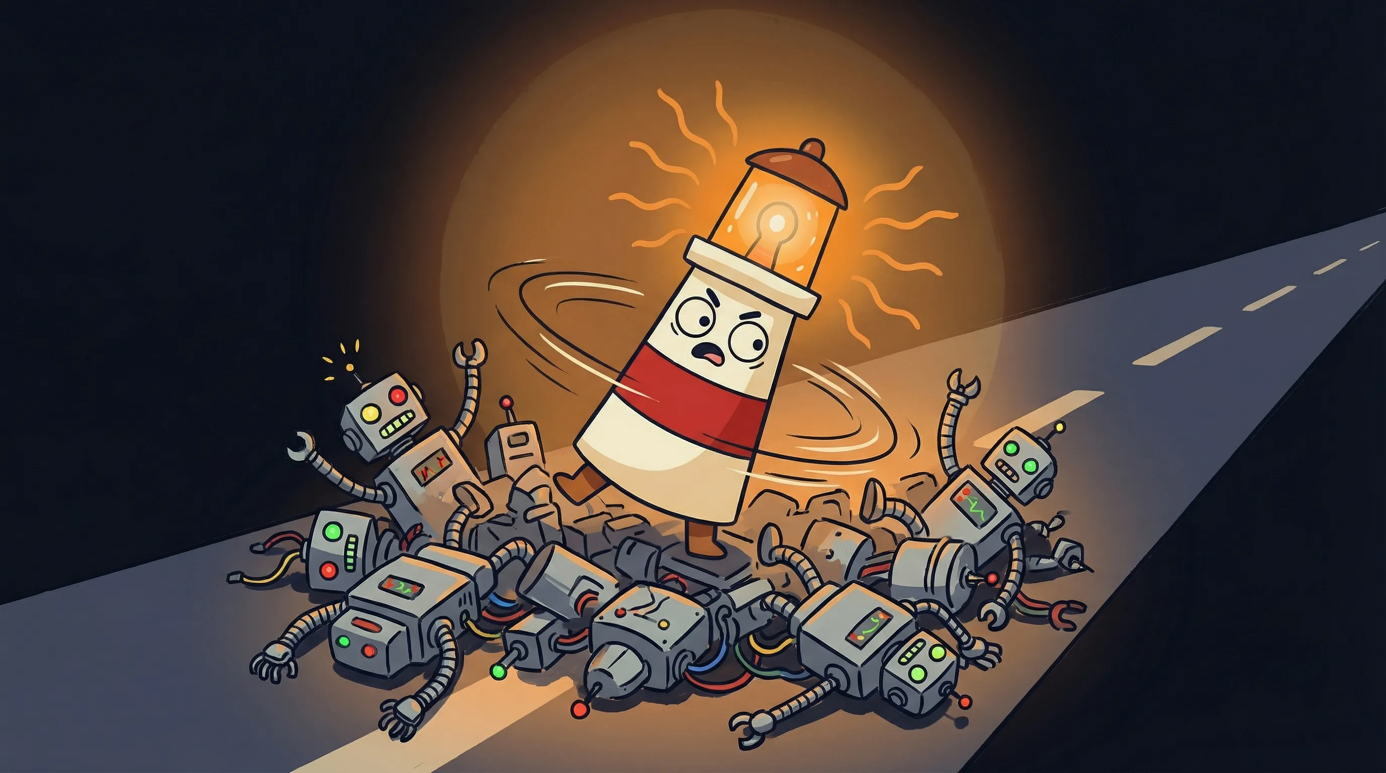 Beacon the lighthouse character shining light on a group of small AI agent figures working together on a dark navy backgro...