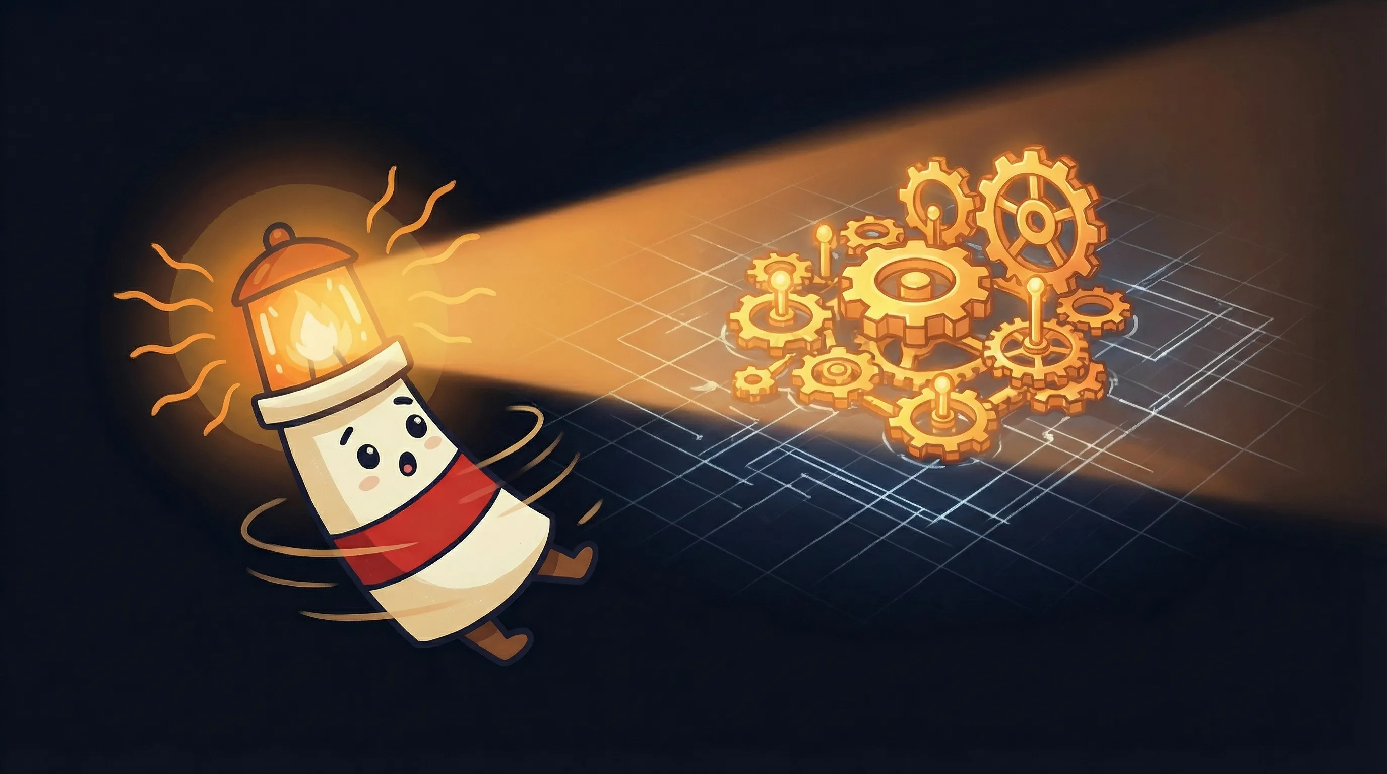 Beacon the lighthouse character shining its amber glow onto a network of connected AI subagent nodes on dark navy background.