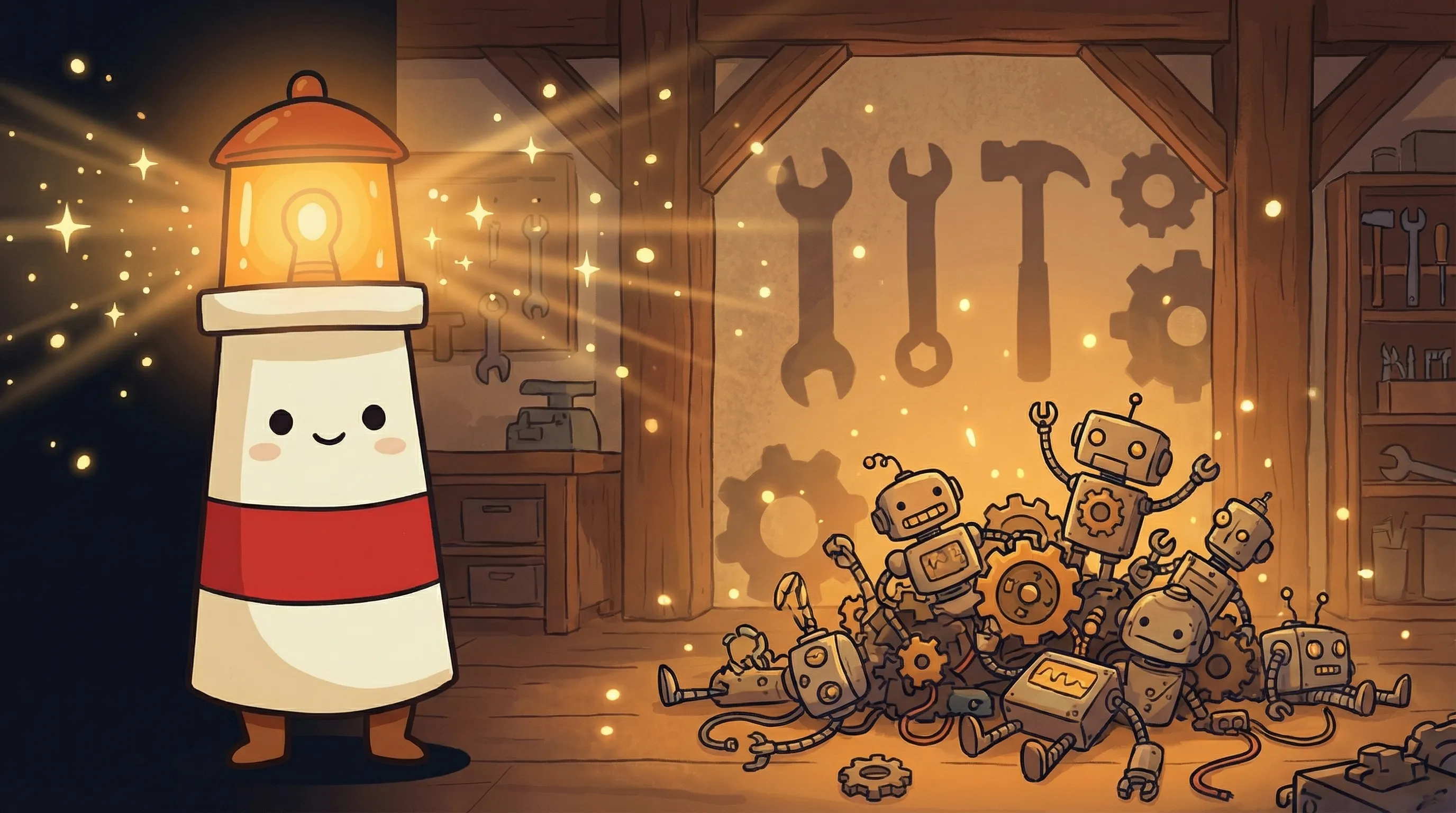 Beacon the lighthouse character shining light on a Discord interface showing an OpenClaw multi-agent team setup.