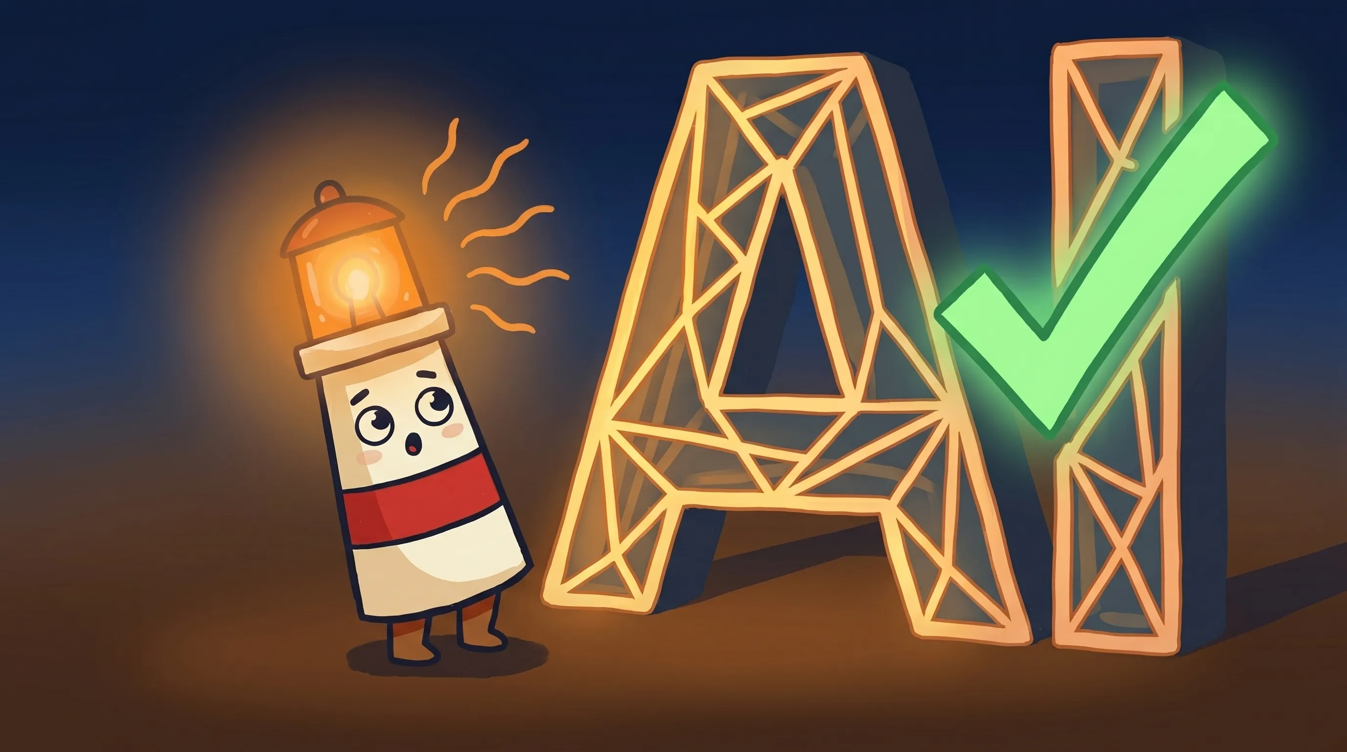 Beacon the lighthouse character shining light on a customer follow-up checklist, symbolizing AI approval control for small business.