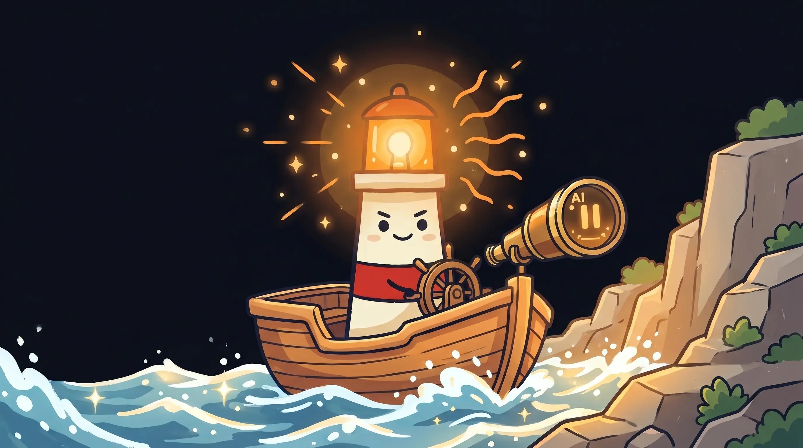 Beacon the lighthouse character shining its amber light onto an email envelope on a dark navy background.