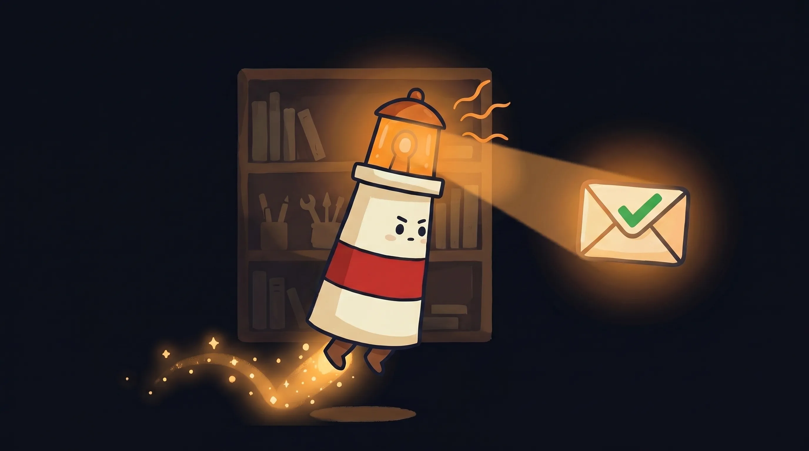 Beacon the lighthouse character shining a warm amber glow onto an email envelope on a dark navy background.