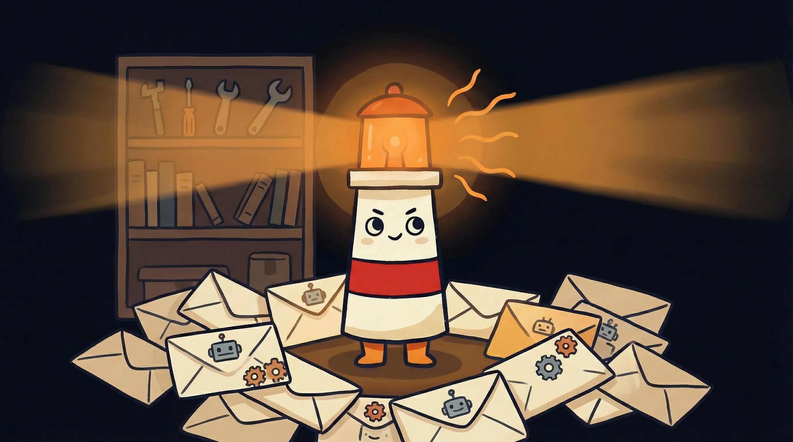 Beacon the lighthouse illuminating an envelope with automated reply symbols on a dark navy background