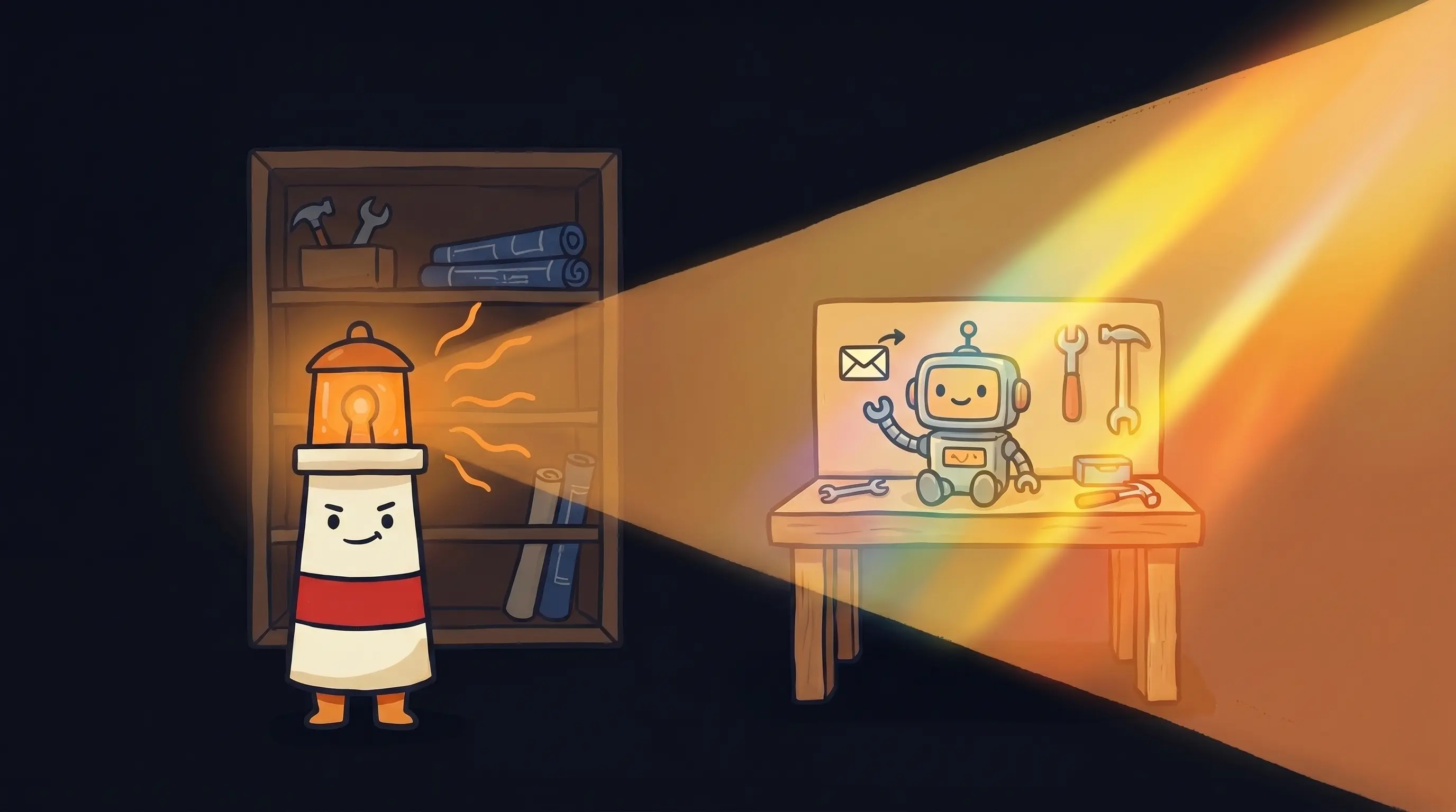 Beacon the lighthouse character shining a warm amber glow onto a smartphone displaying automated follow-up messages.