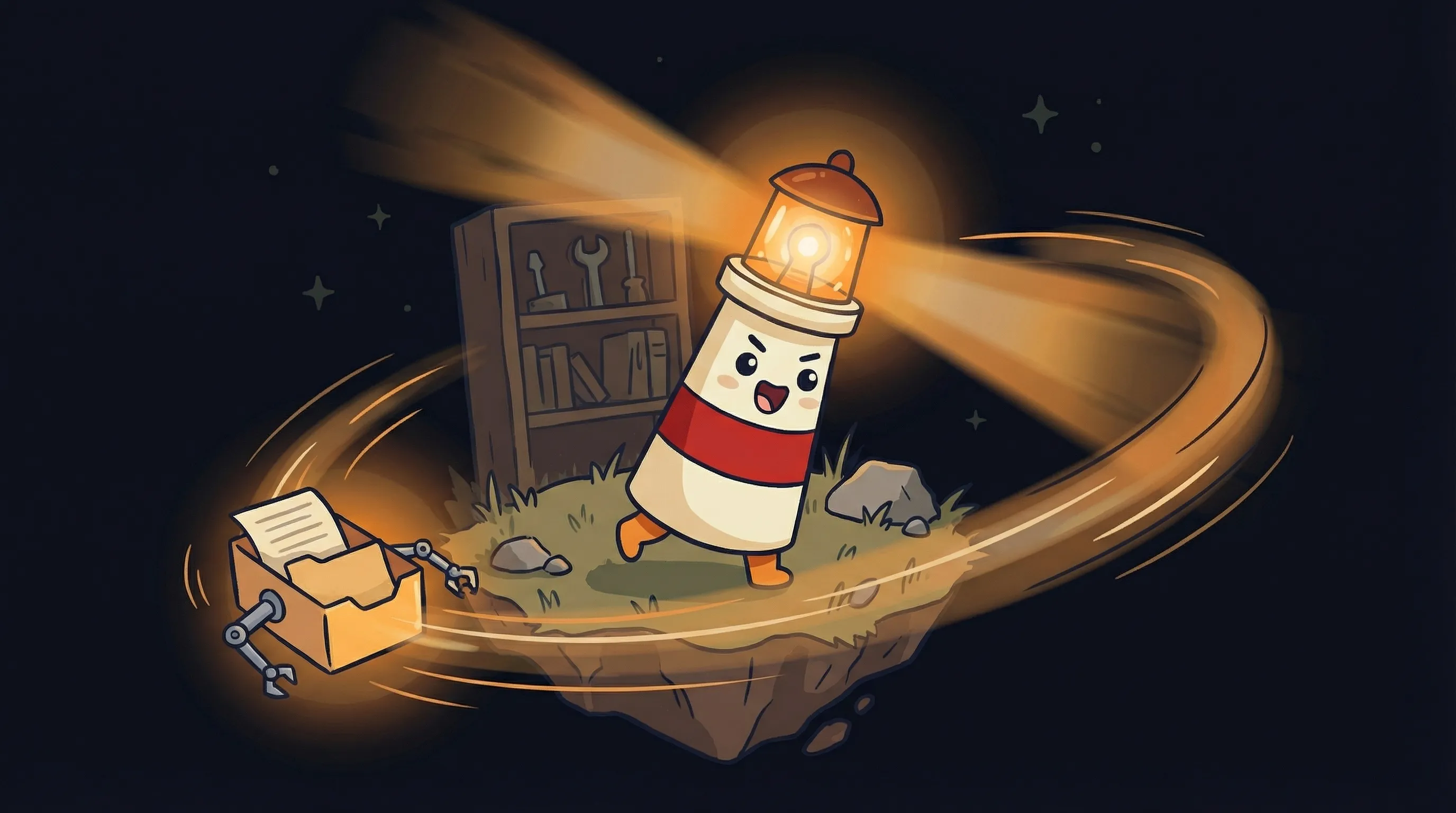 Beacon the lighthouse illuminating a cluttered email inbox, its amber glow sorting messages on a dark navy background.