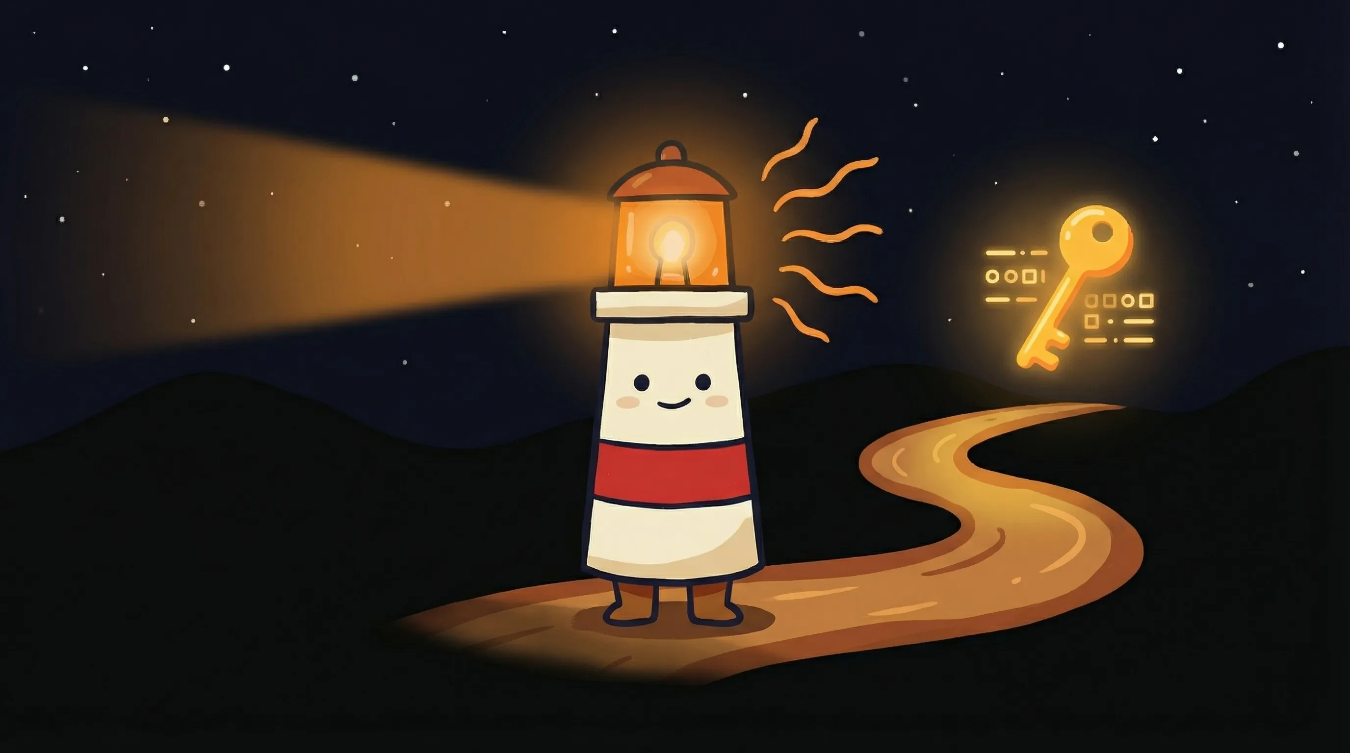 Beacon the lighthouse character shining light on a glowing API key, with cream body, red stripe, and amber lantern on dark...