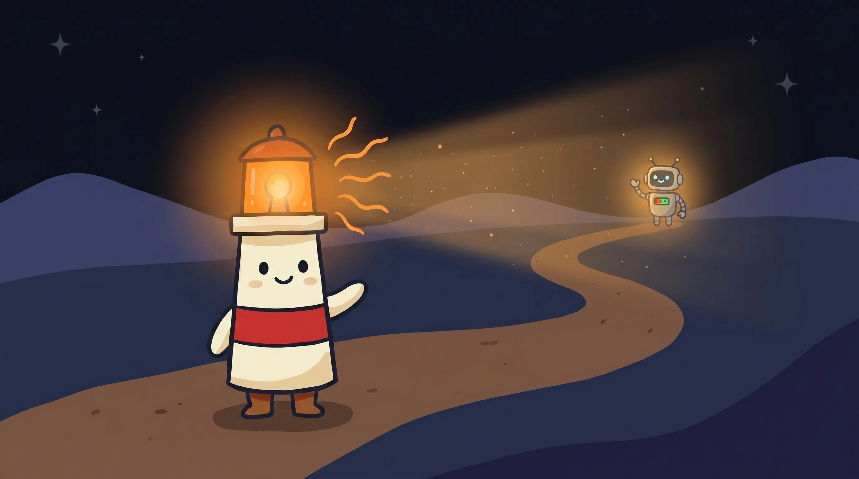 Beacon the lighthouse character shines its amber light onto a small business phone displaying automated follow-up messages.