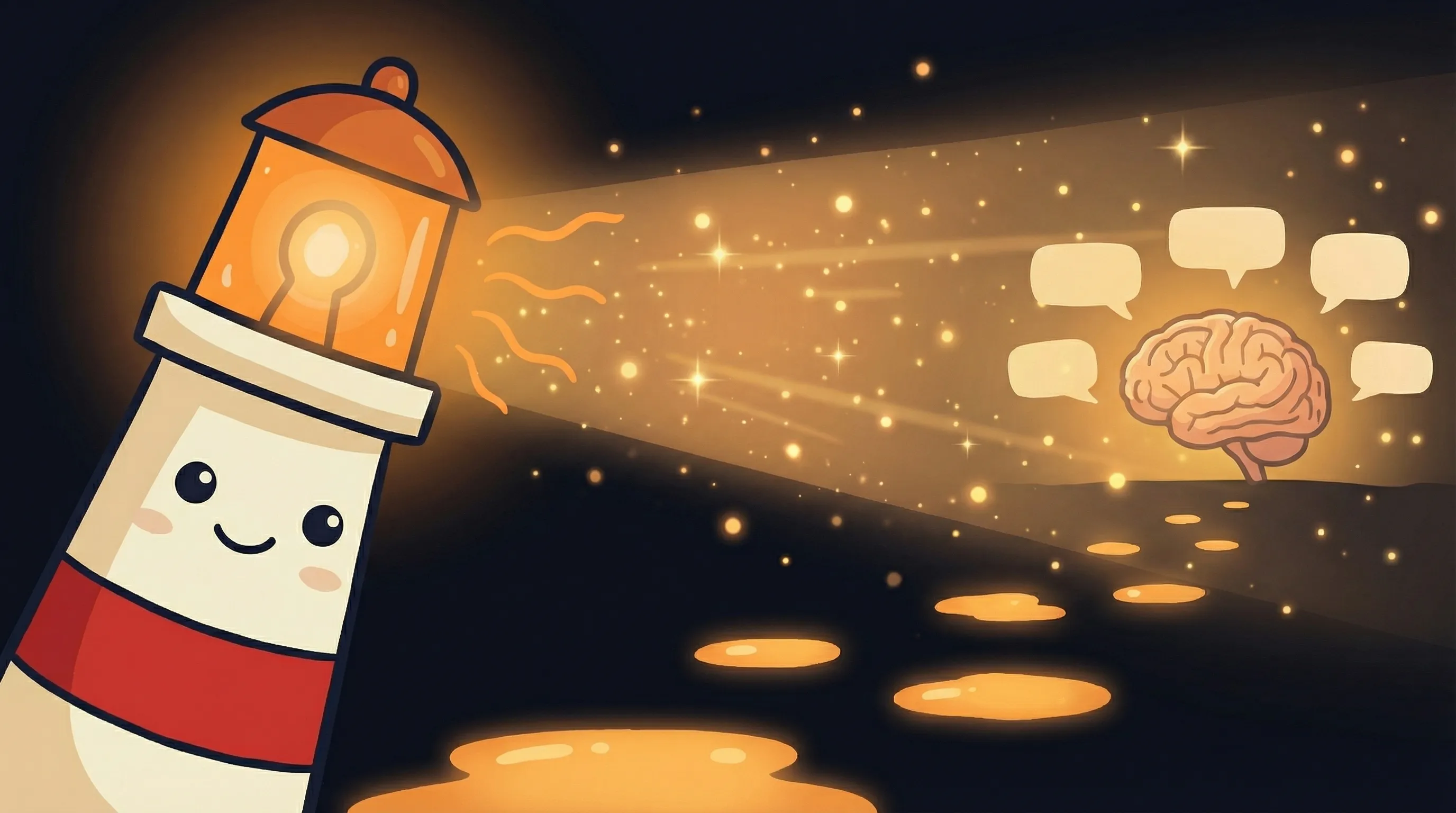 Beacon the lighthouse illuminating a glowing brain with amber light, cream body, red stripe, on dark navy background.