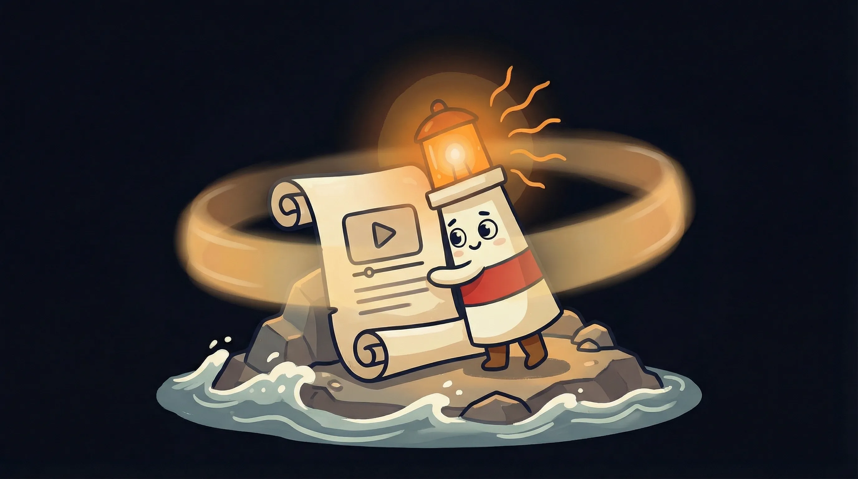 Beacon the lighthouse illuminating a glowing YouTube play button, cream body with red stripe, amber lantern shining warmly...