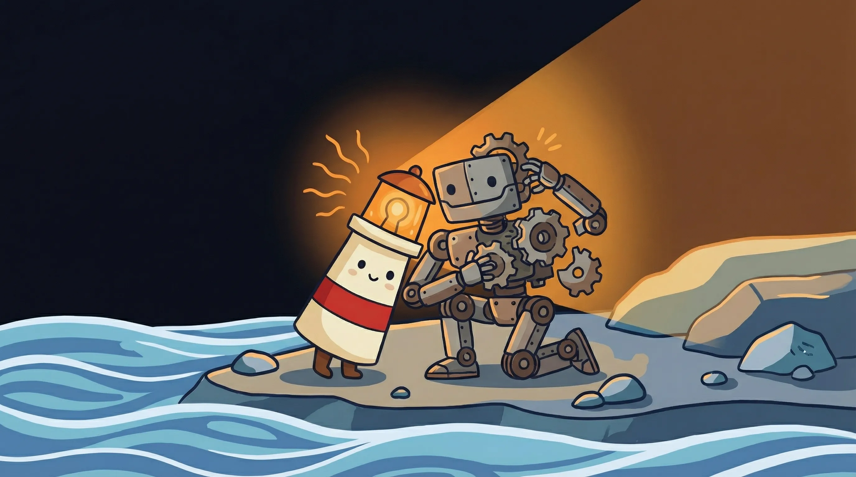 Beacon the lighthouse illuminating a glowing AI chip with its amber light on a dark navy background.
