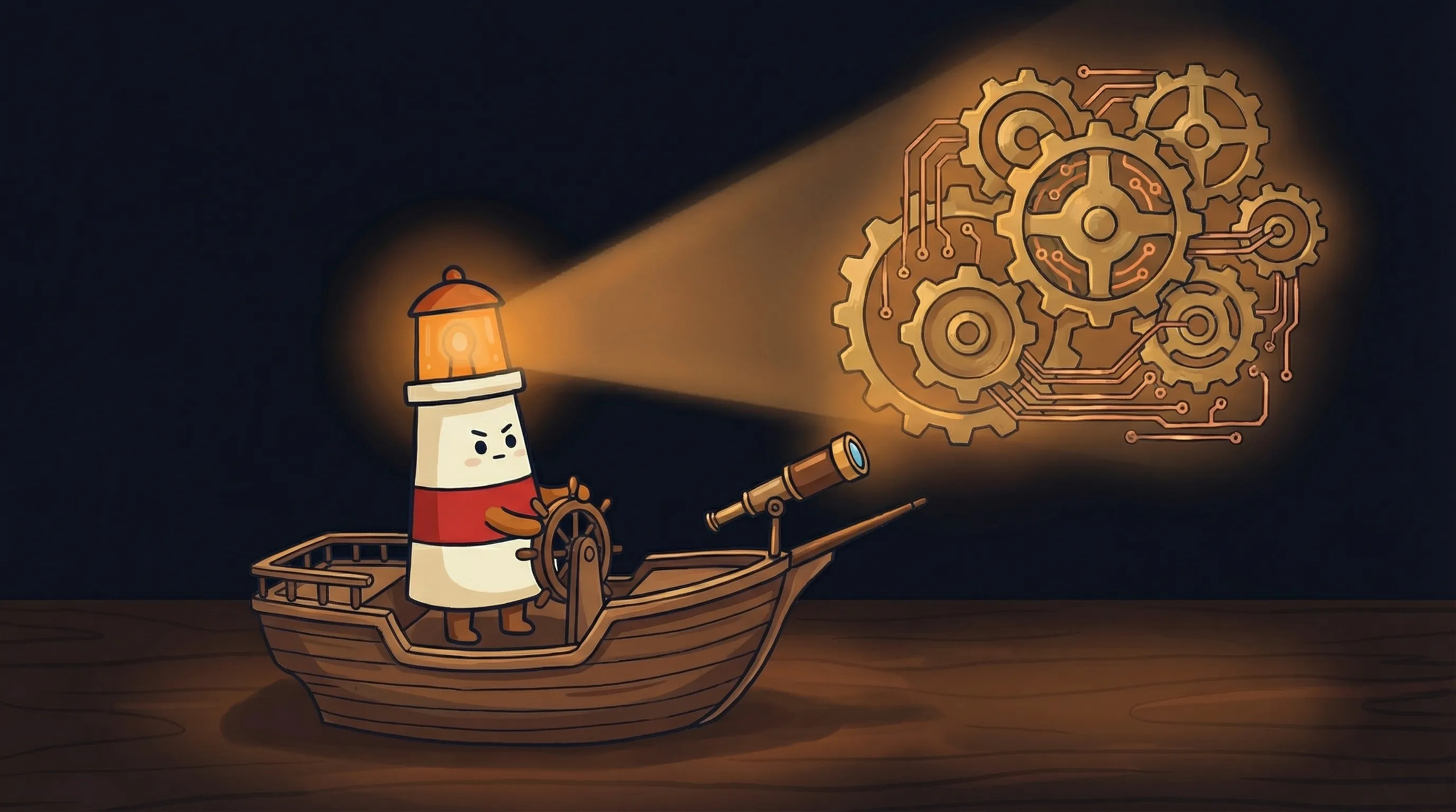 Beacon the lighthouse illuminating a small robot workforce, glowing amber light casting warm rays on tiny AI workers below.