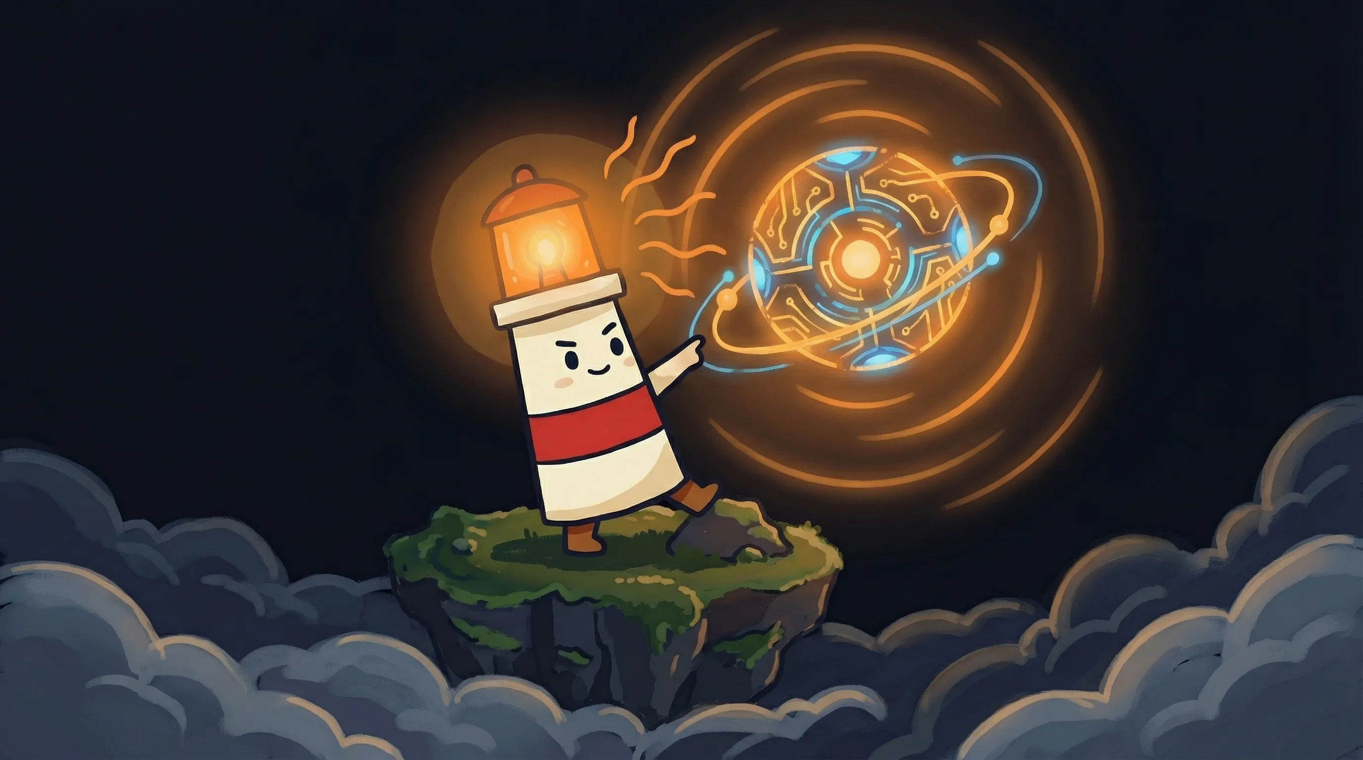 Beacon the lighthouse character shining light on glowing skill icons, illustrating AI agent skills installation on navy ba...