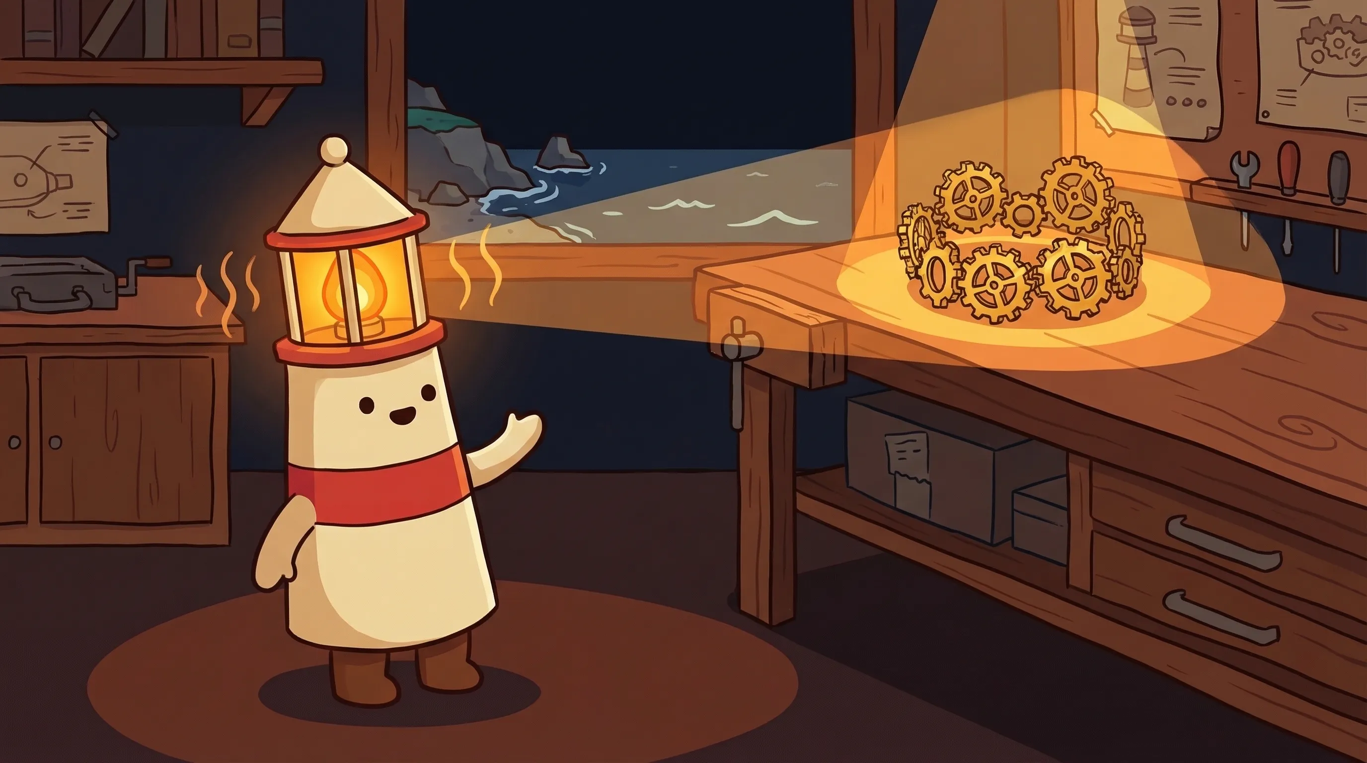 Beacon the lighthouse character shining light on a tiny CEO desk with a nameplate, briefcase, and office chair.