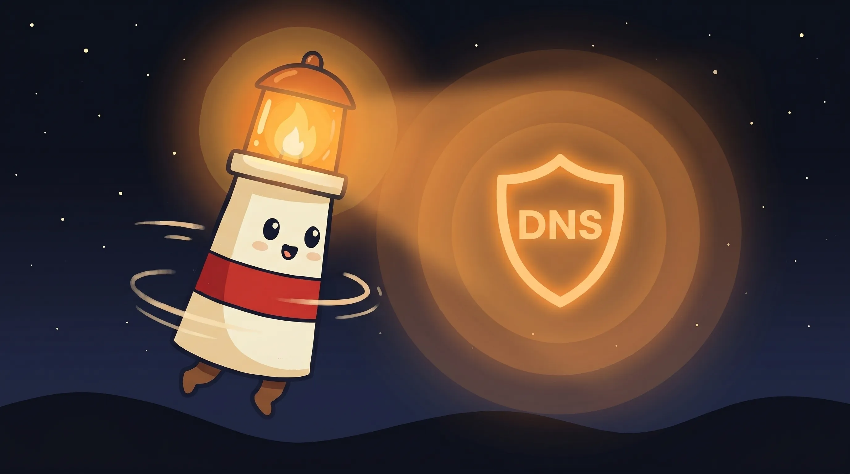 Beacon the lighthouse illuminating a glowing AI agent identity badge, cream body with red stripe, amber light beaming down.