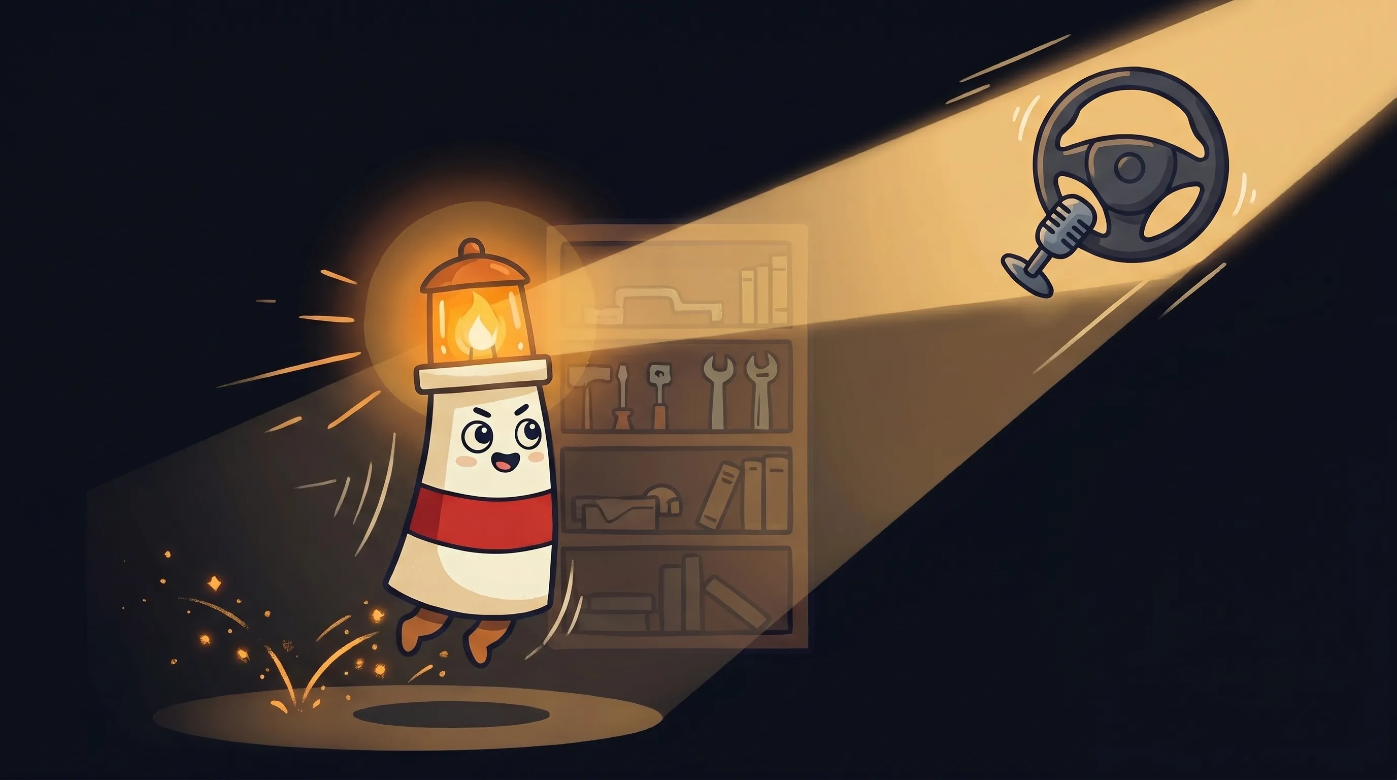 Beacon the lighthouse illuminating a car dashboard with glowing amber light, cream body with red stripe on navy background.