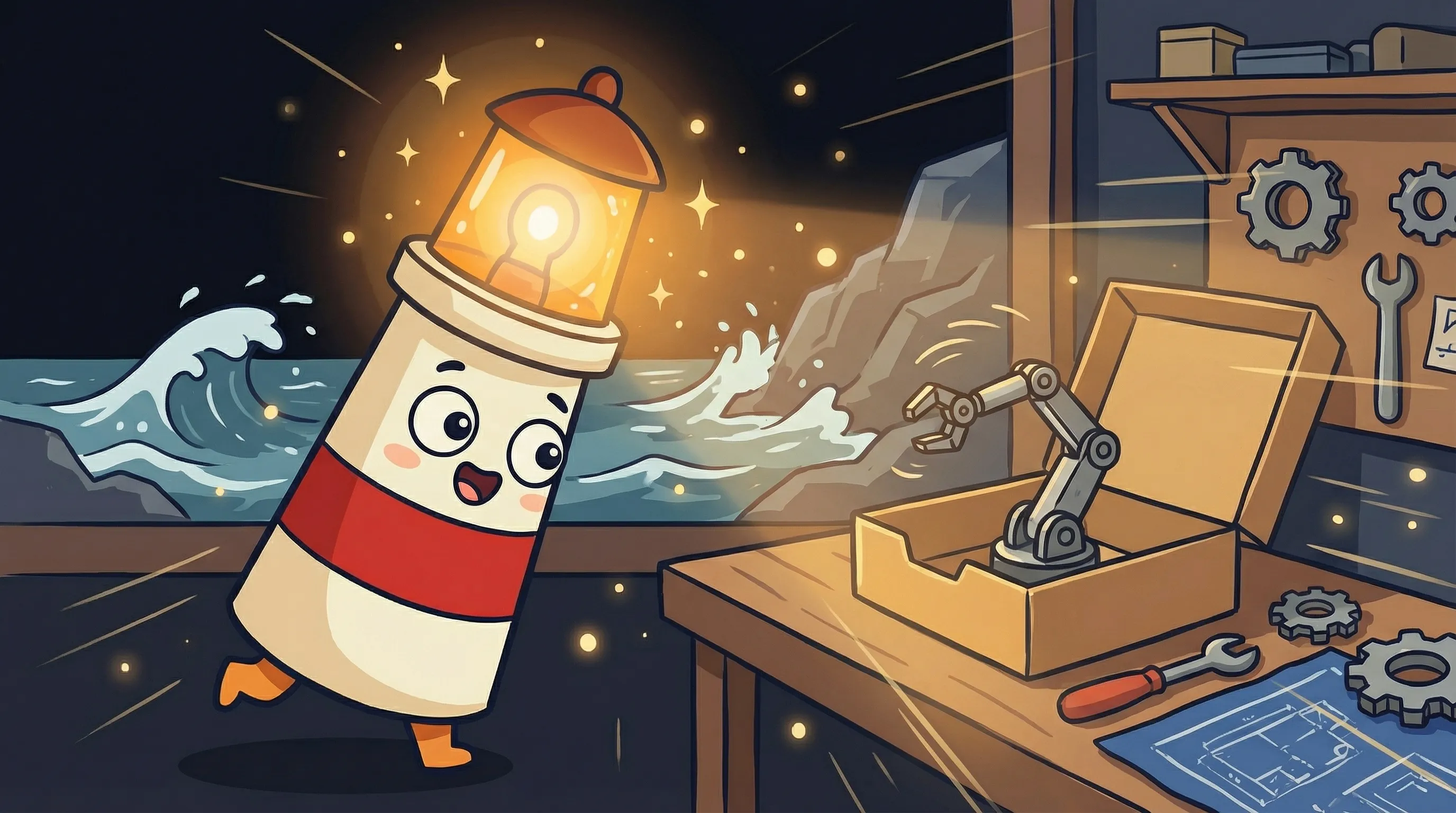 Beacon the lighthouse character shining a glowing amber beam onto a cluttered email inbox on dark navy background.