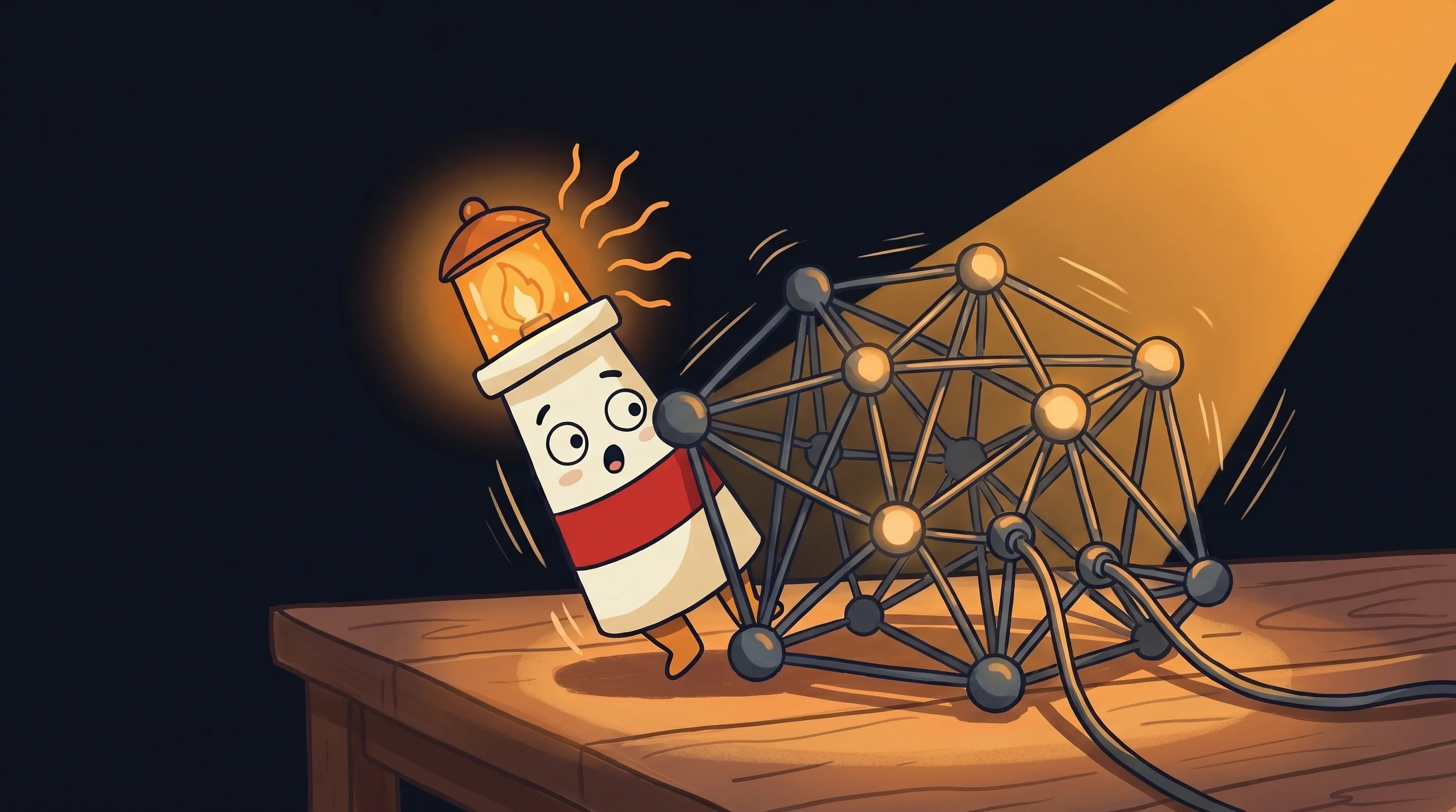 Beacon the lighthouse illuminating a network infrastructure diagram, cream body with red stripe, amber glow on dark navy b...