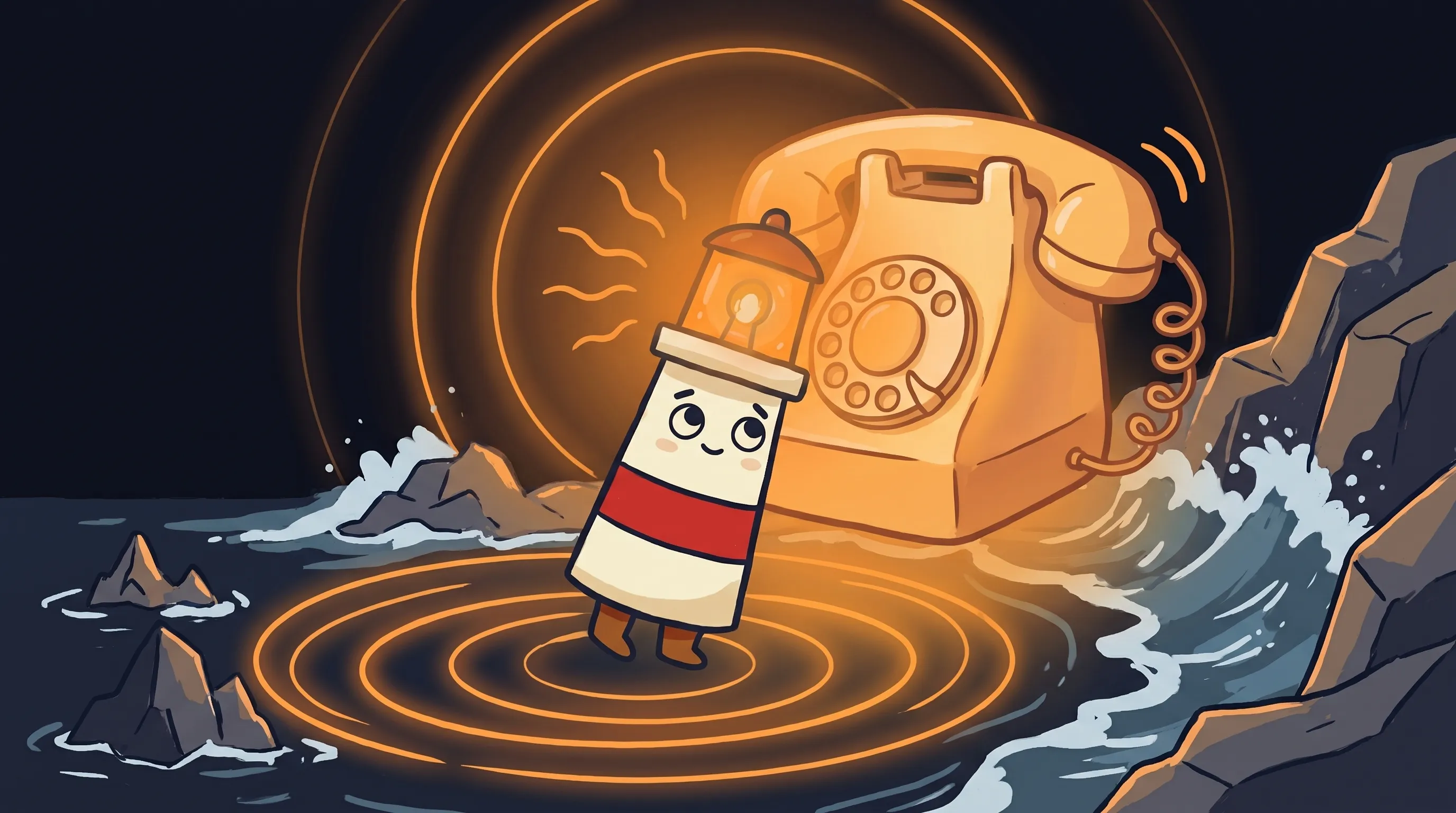Cartoon lighthouse mascot with glowing lantern top stands in rippling water beside a large ringing rotary telephone on...