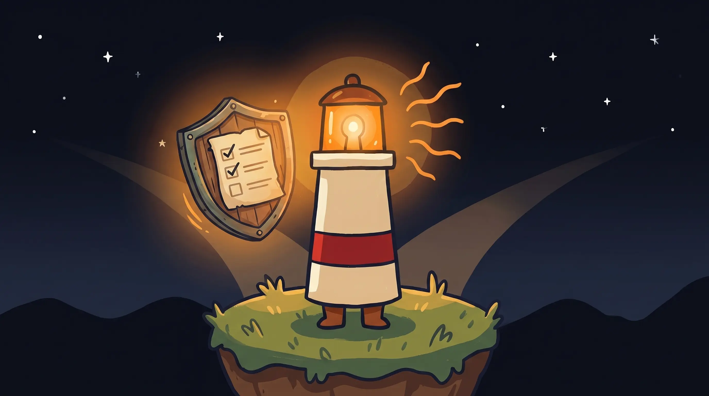 Beacon the lighthouse mascot shining its amber light onto a security checklist clipboard on a dark navy background.