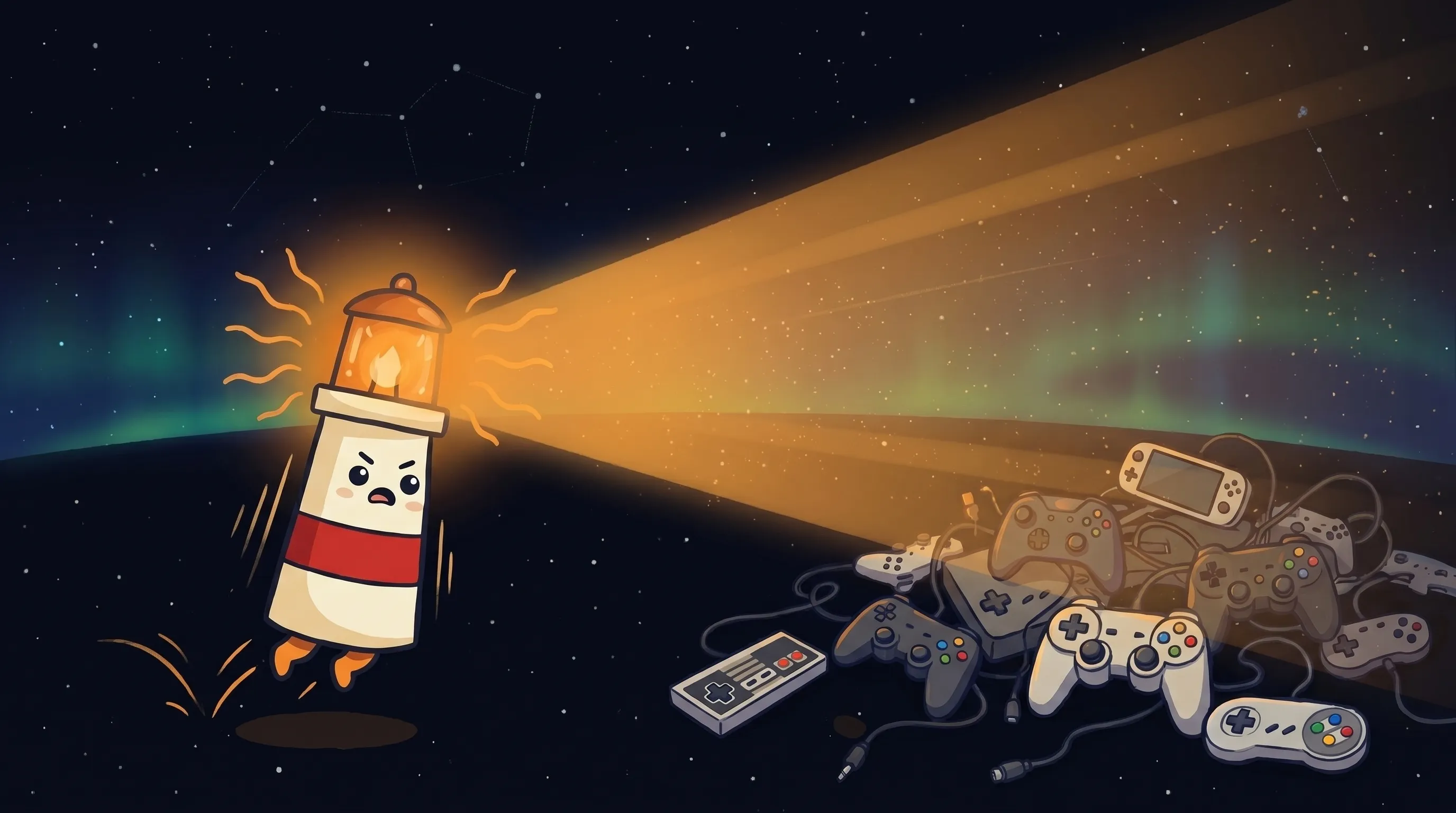 Beacon the lighthouse illuminating an Xbox controller, cream body with red stripe, amber glow on dark navy background.