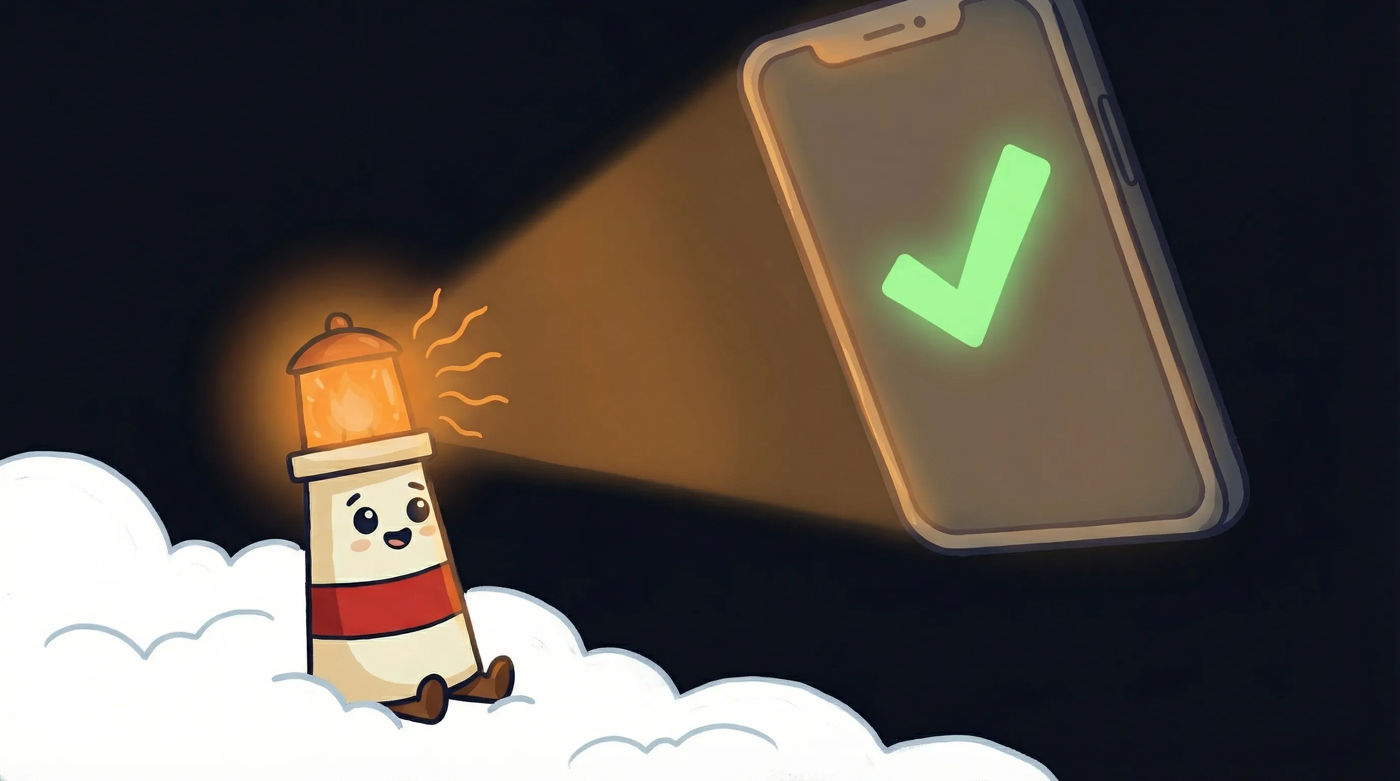 Beacon the lighthouse character shining light on a guest list, illustrating AI phone calls for event confirmations.