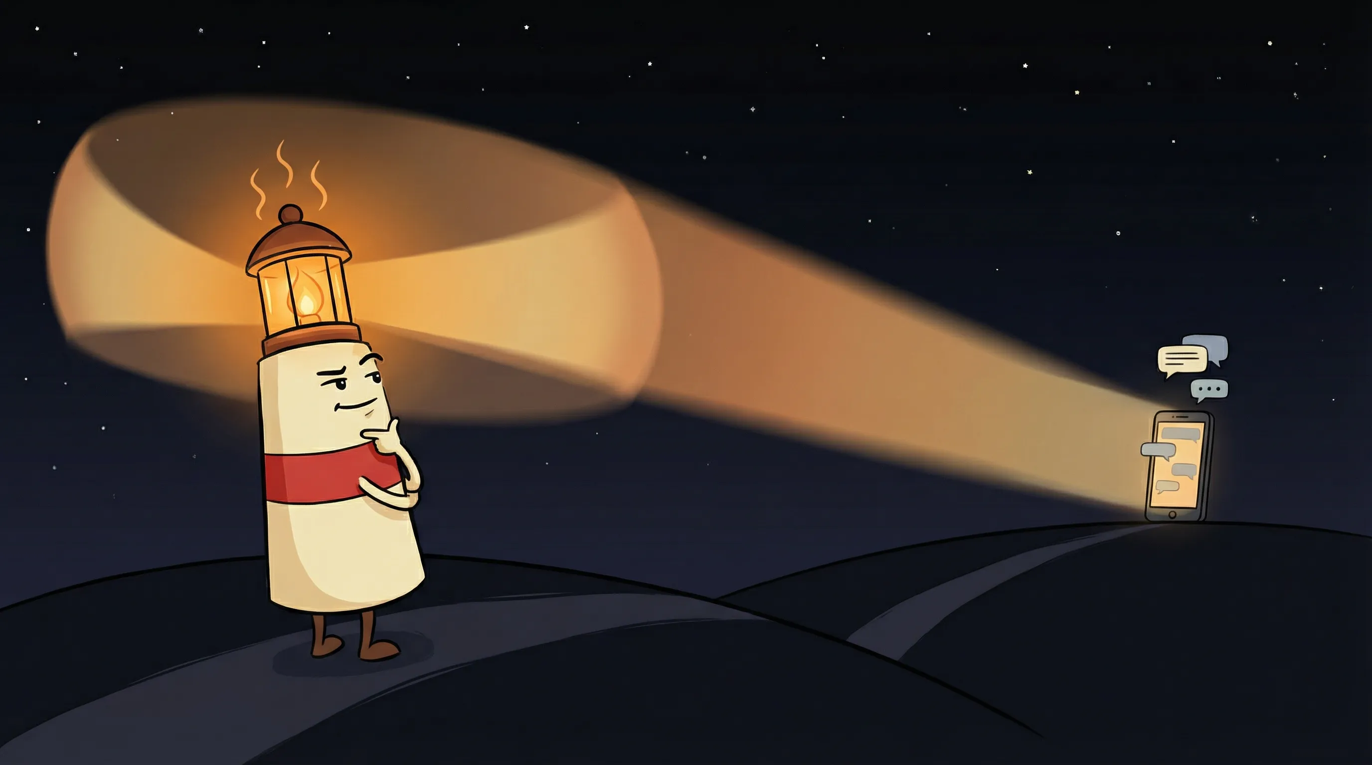 Beacon the lighthouse illuminating AI workflow icons with its amber light on a dark navy background.
