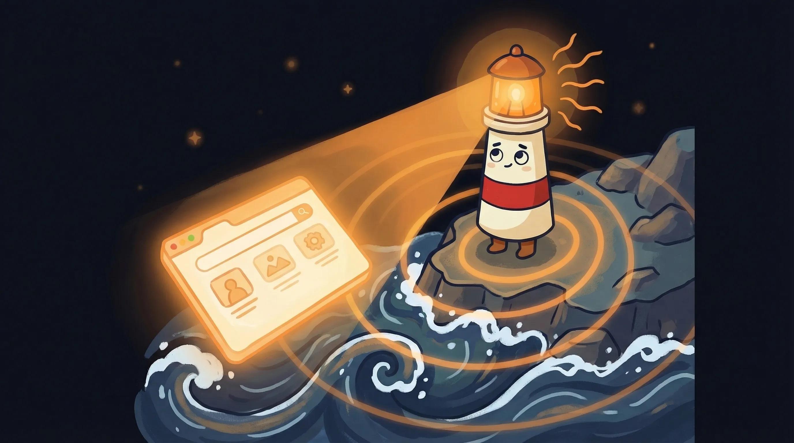 Beacon the lighthouse character shining light on a glowing browser window showing an AI agent working in real time.