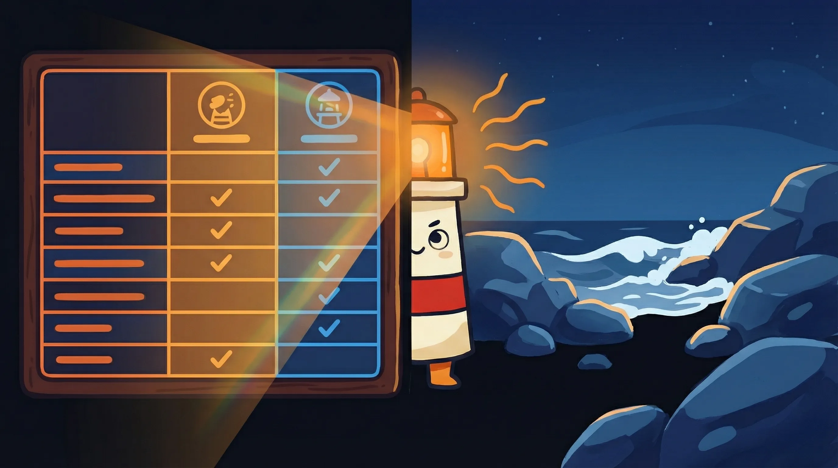 Beacon the lighthouse character shining its amber light onto a pricing comparison table on a dark navy background.