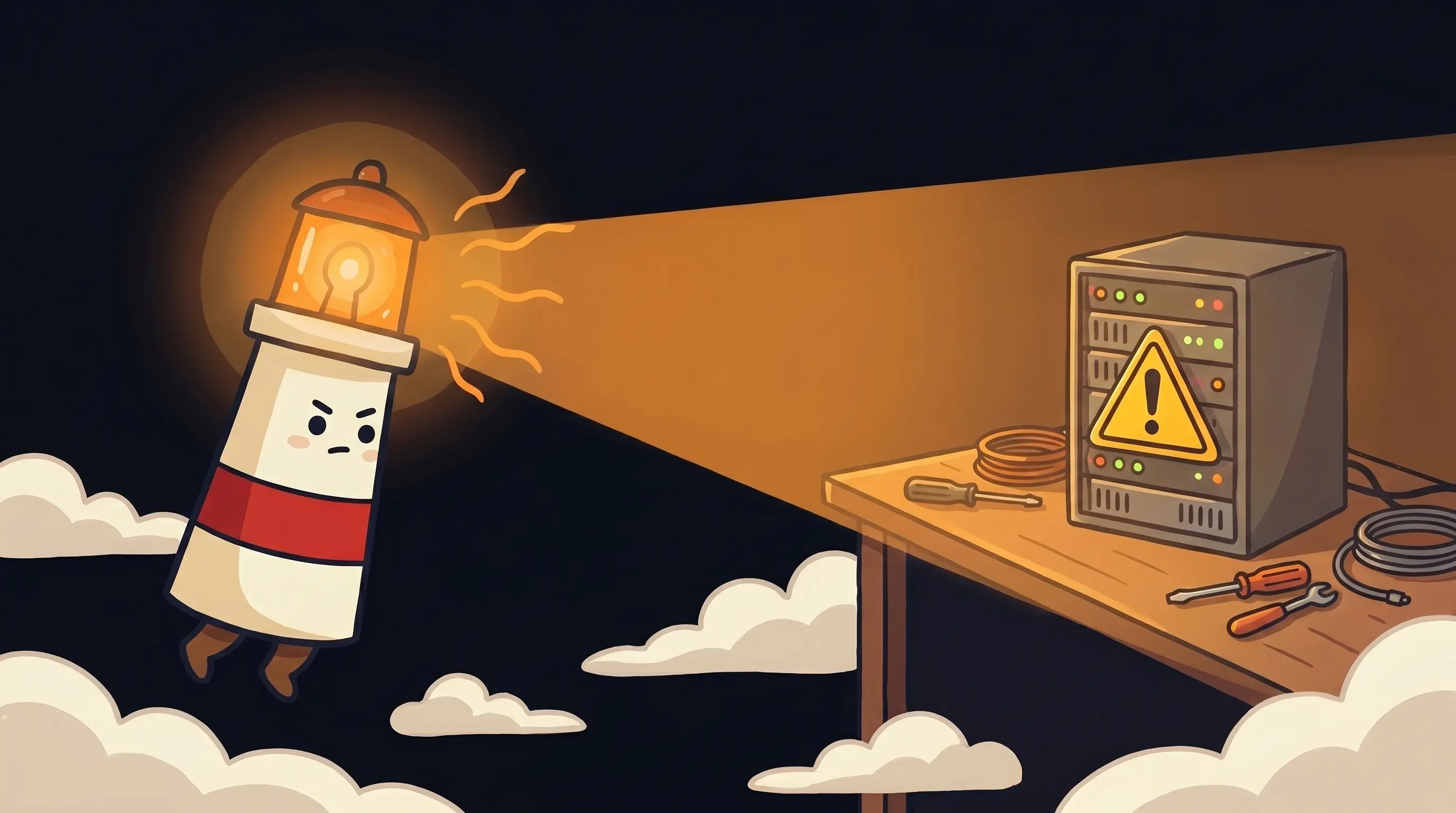 Beacon the lighthouse character shining light on a briefcase and gear, suggesting business tools beyond basic hosting.