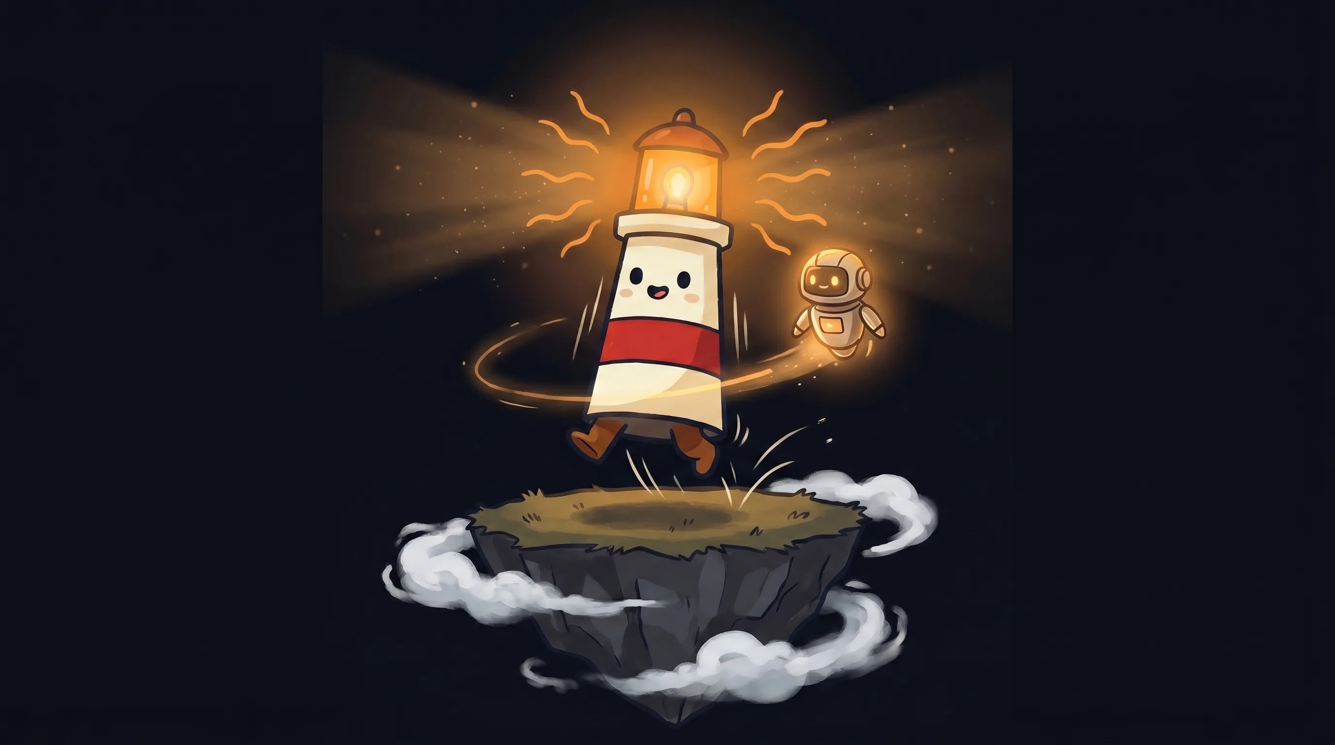 Beacon the lighthouse illuminating a tiny glowing AI robot, cream body with red stripe, amber light casting warm glow on d...