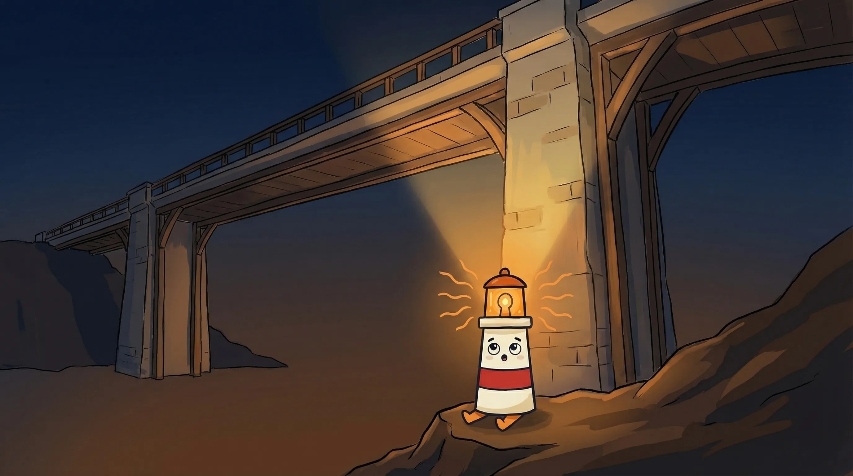 Beacon the lighthouse character shining its amber light onto a remote MCP server connection bridge on dark navy background.