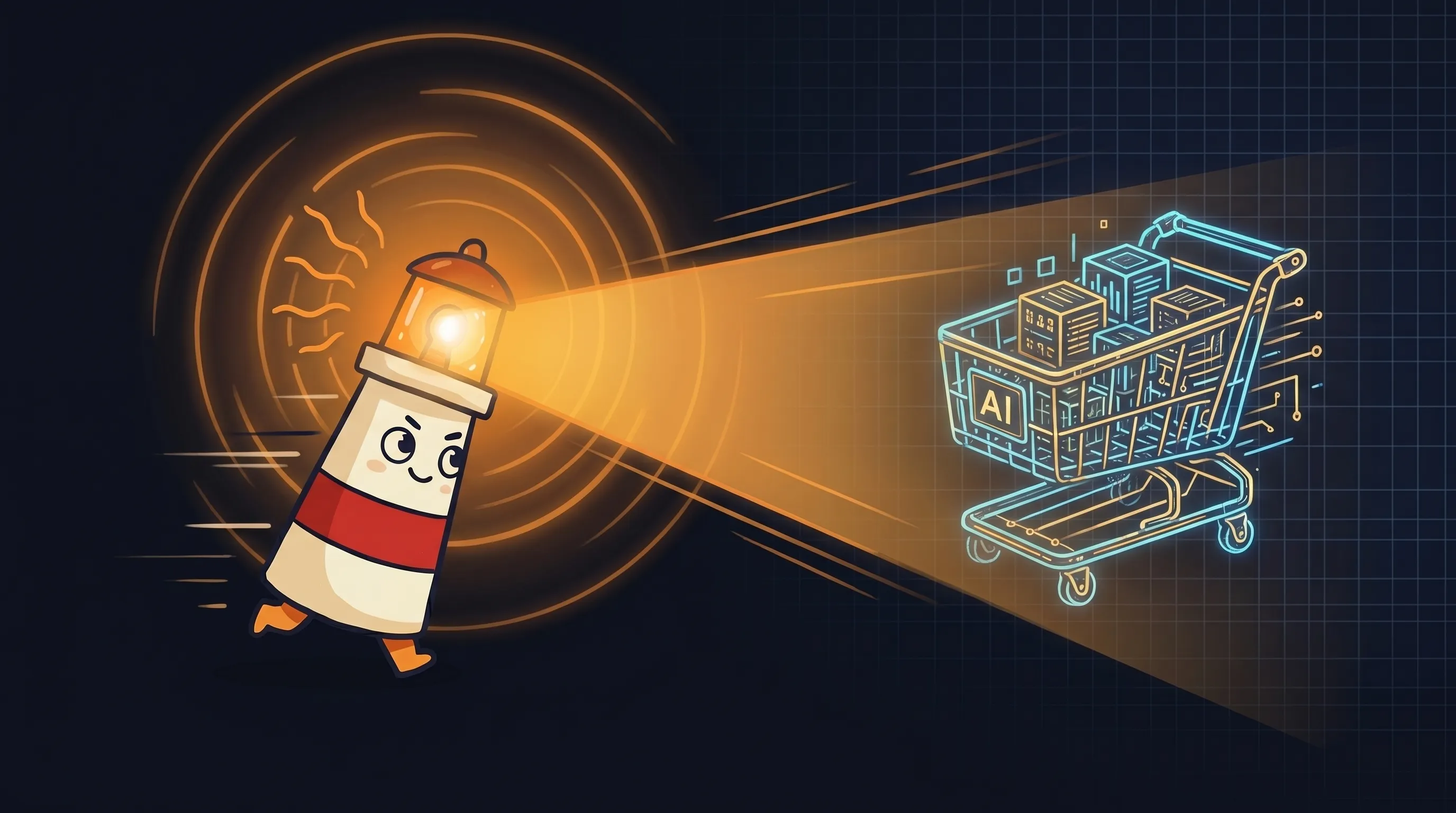 Beacon the lighthouse illuminating a shopping cart overflowing with items, glowing amber light casting a warm beam on it.