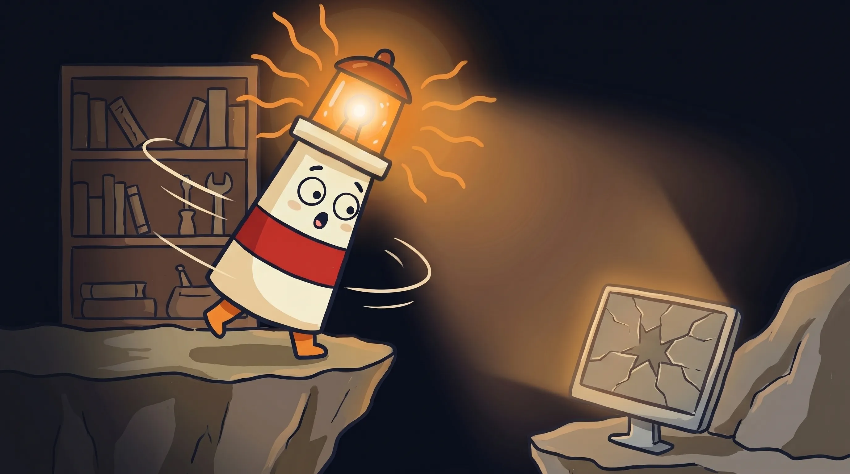 Beacon the lighthouse illuminating a stressed robot at a desk, symbolizing AI's impact on Meta employees' well-being.