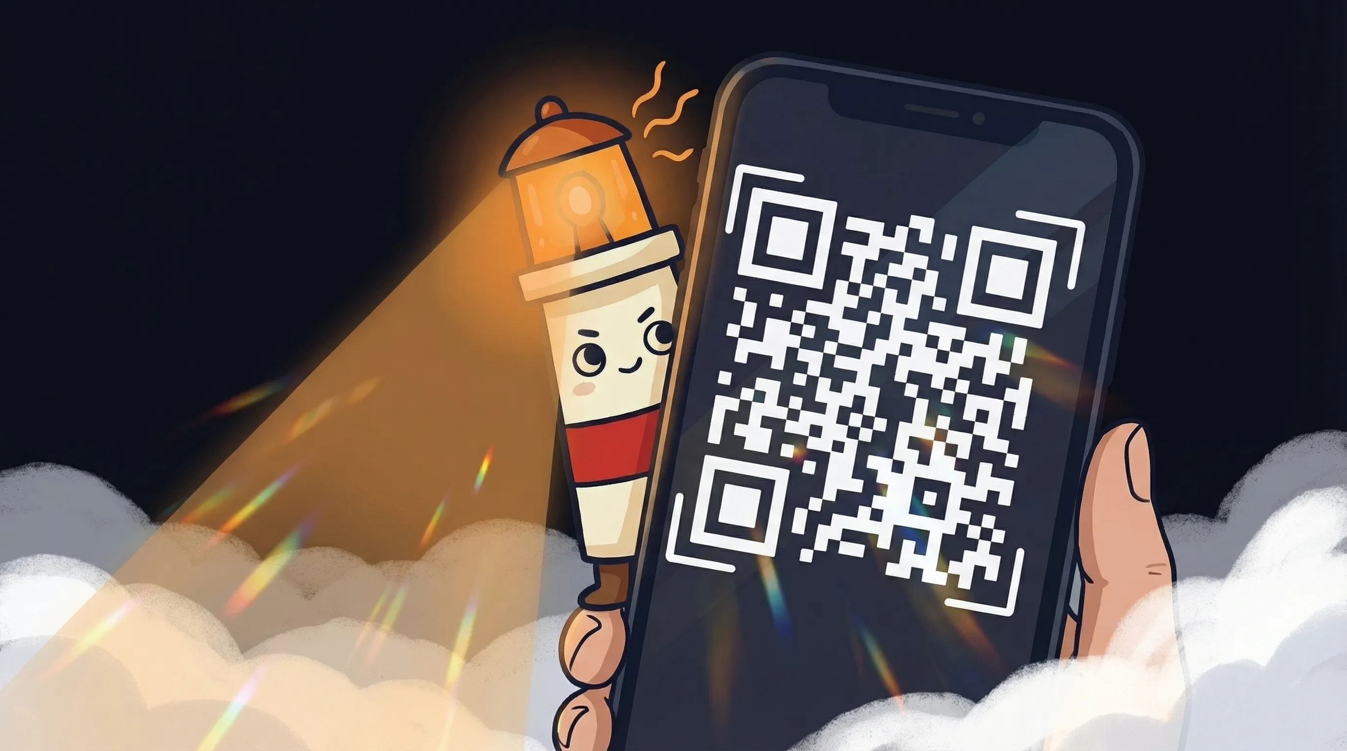 Beacon the lighthouse character shining its amber glow onto a WhatsApp logo on a dark navy background.