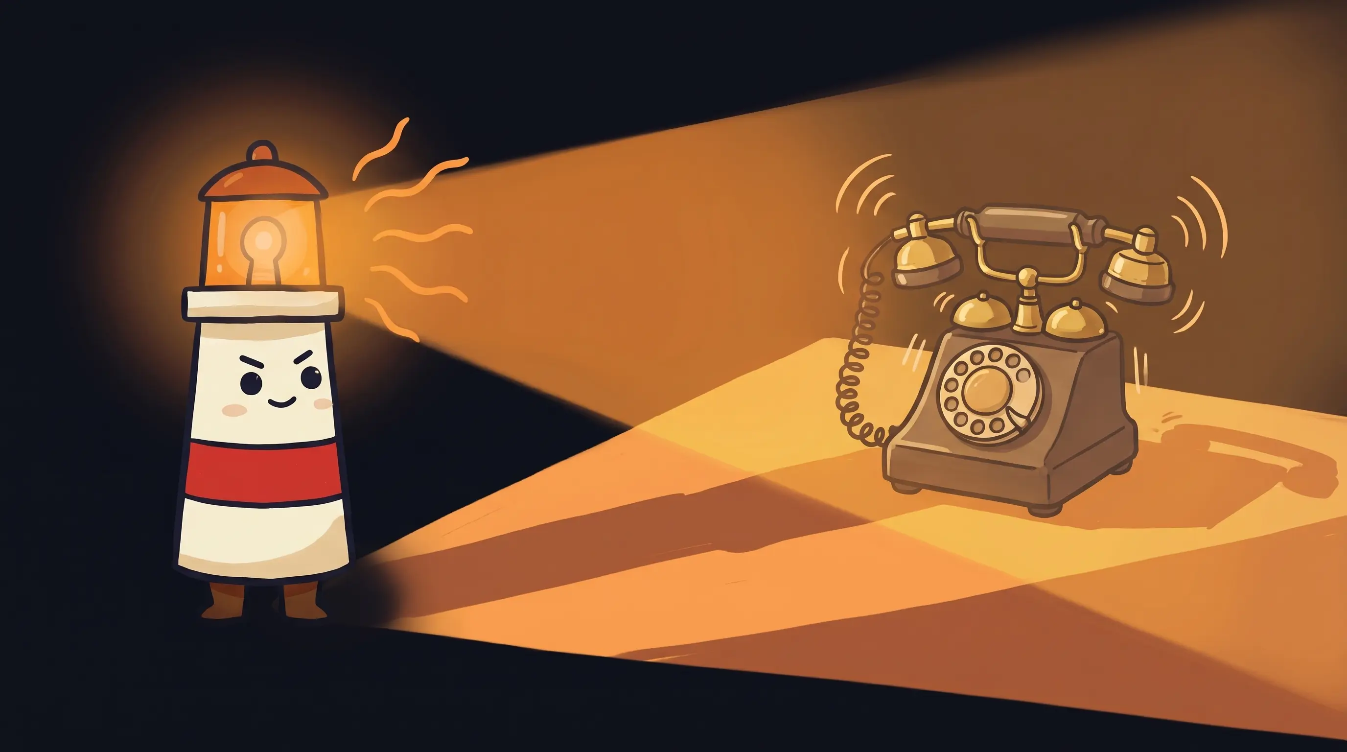Beacon shines an amber light toward a ringing rotary phone on a dark navy background.