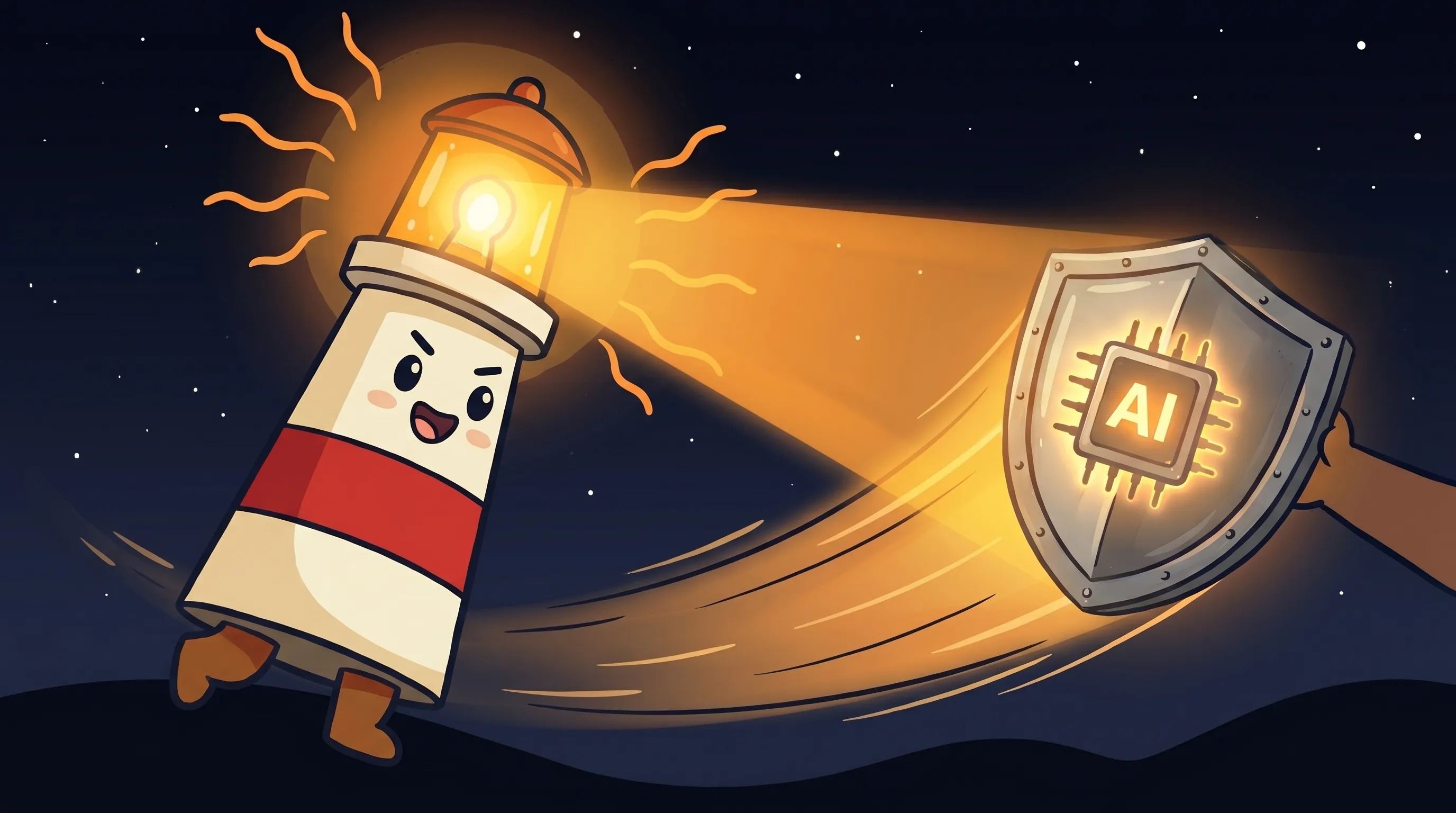 Beacon the lighthouse illuminating a handshake symbol, glowing amber light casting warm rays on a dark navy background.