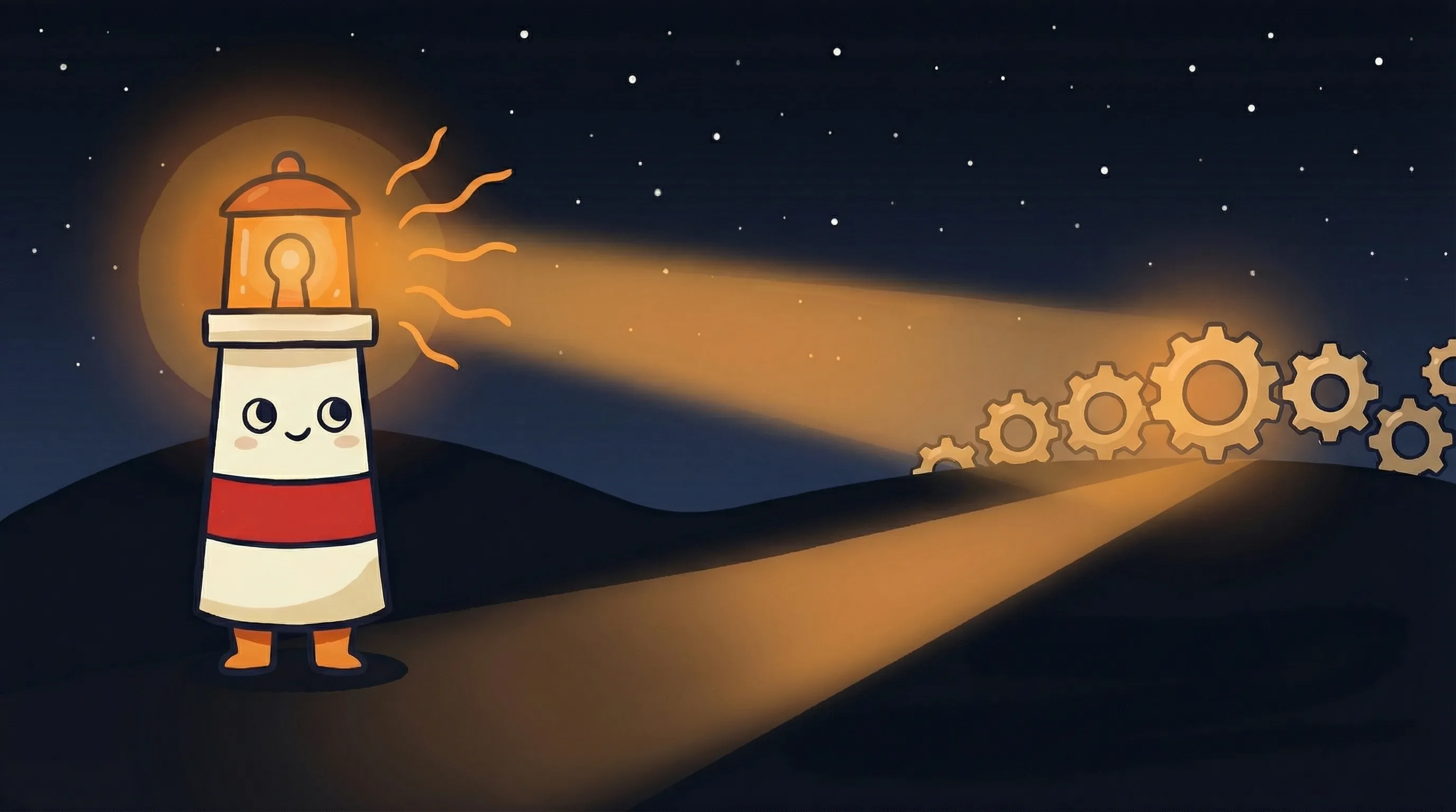 Beacon the lighthouse character shining amber light onto a network of connected AI agents on dark navy background.