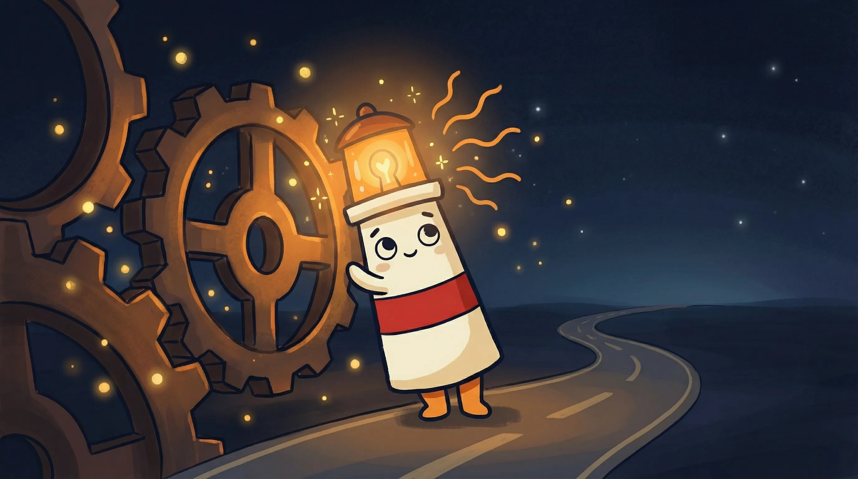Beacon the lighthouse character shining light on a network of connected AI agent nodes on dark navy background.
