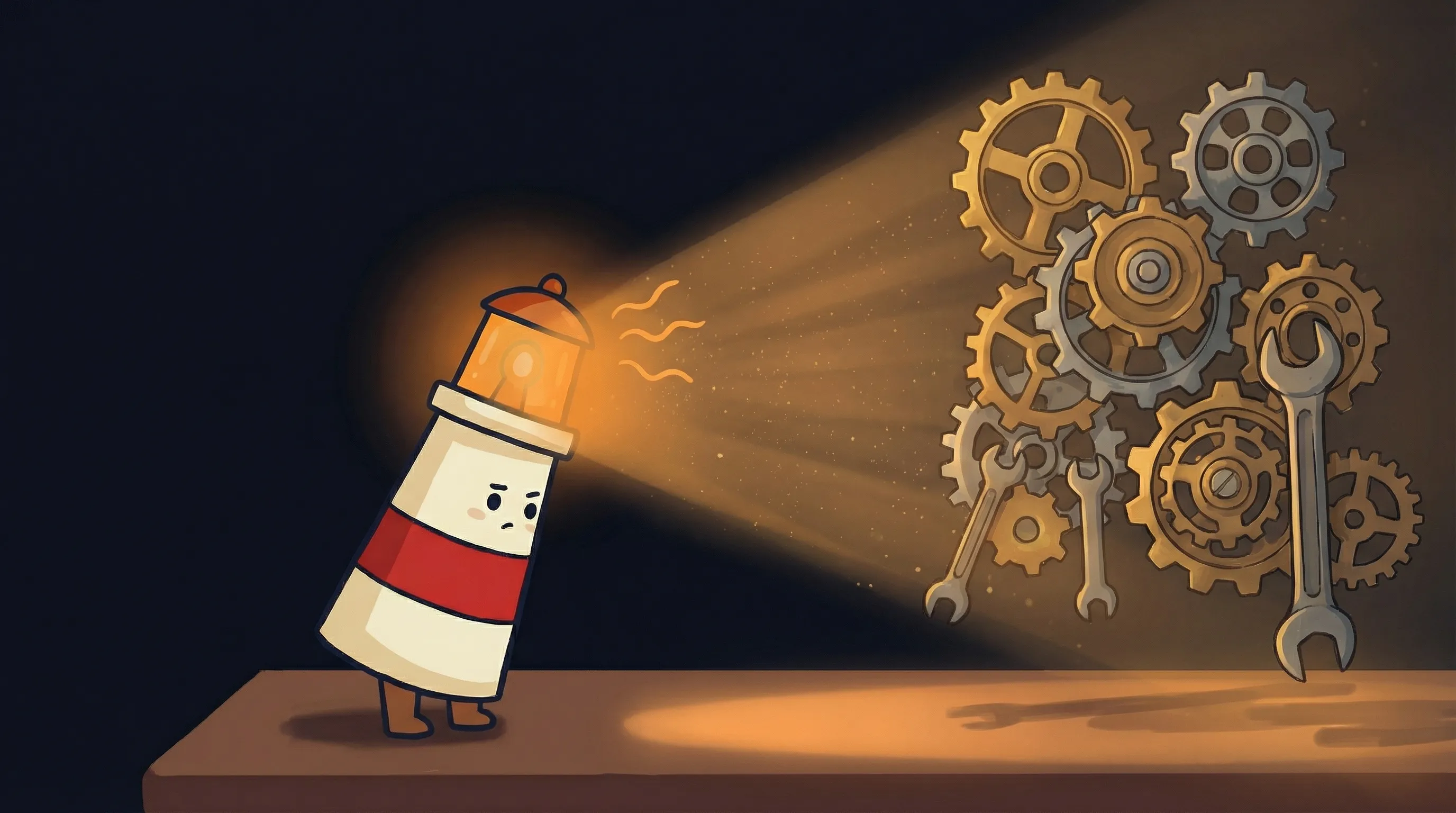 Beacon the lighthouse illuminating three connected automation tool logos (n8n, Zapier, Make) on dark navy background