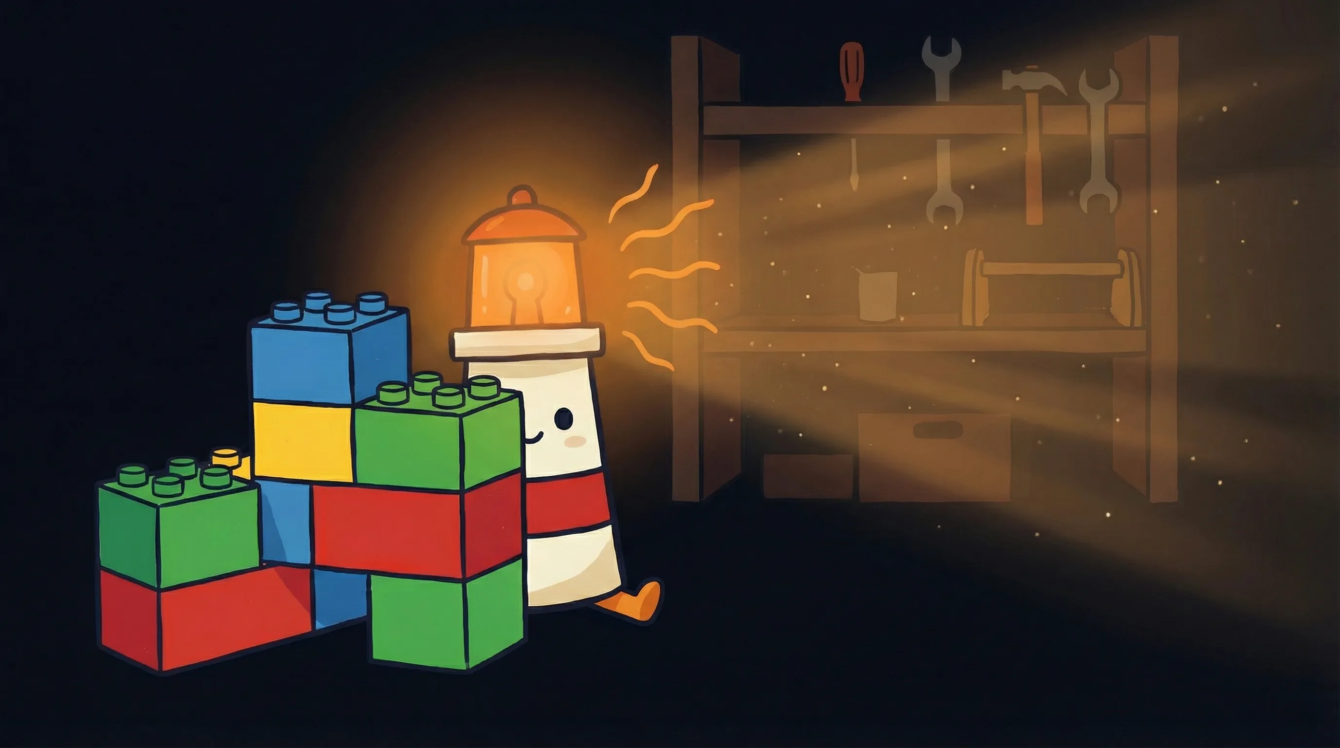 Beacon the lighthouse illuminating colorful building blocks labeled with AI and automation icons on a dark navy background.