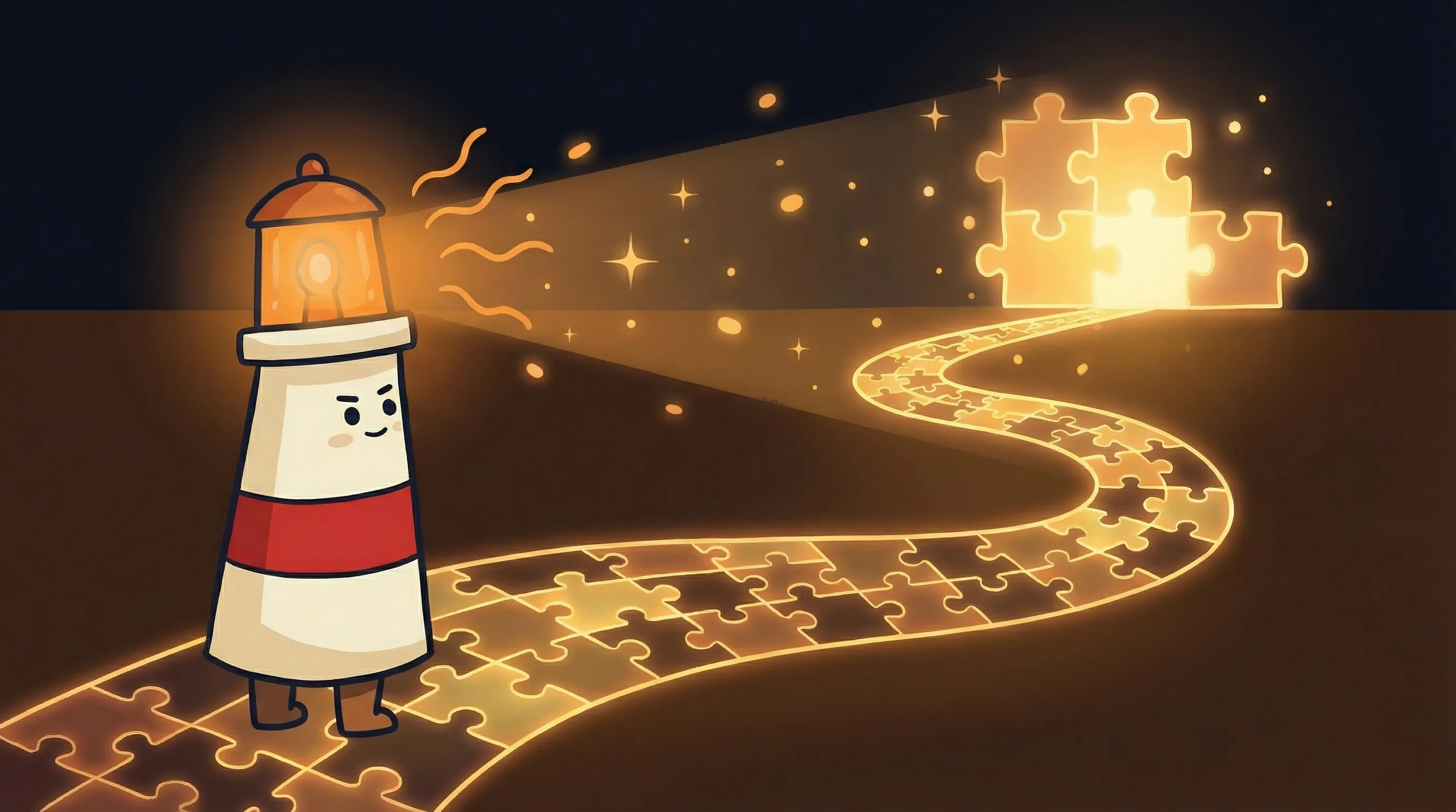 Beacon the lighthouse character shining light on two glowing code blocks, illustrating no code ai agent platform choices.